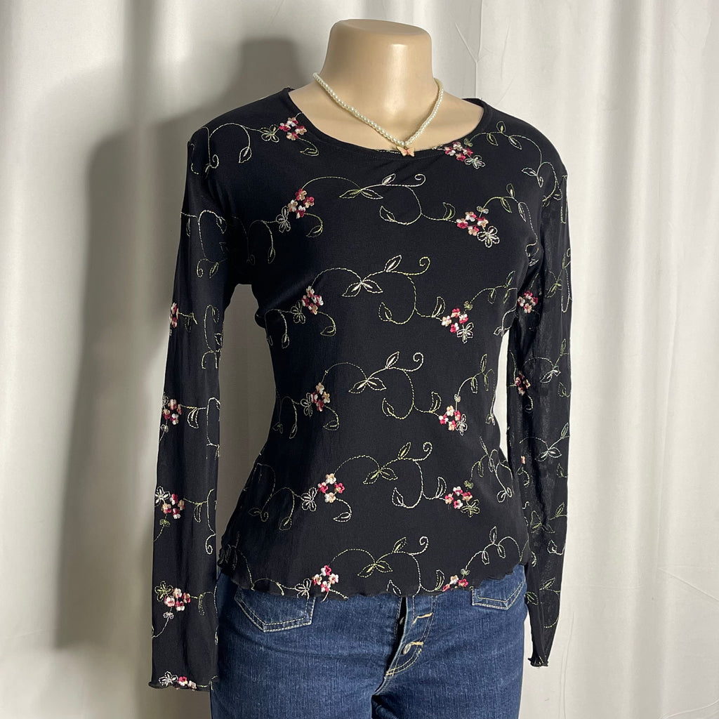 Floral Embroidered Mesh Long-sleeve Top