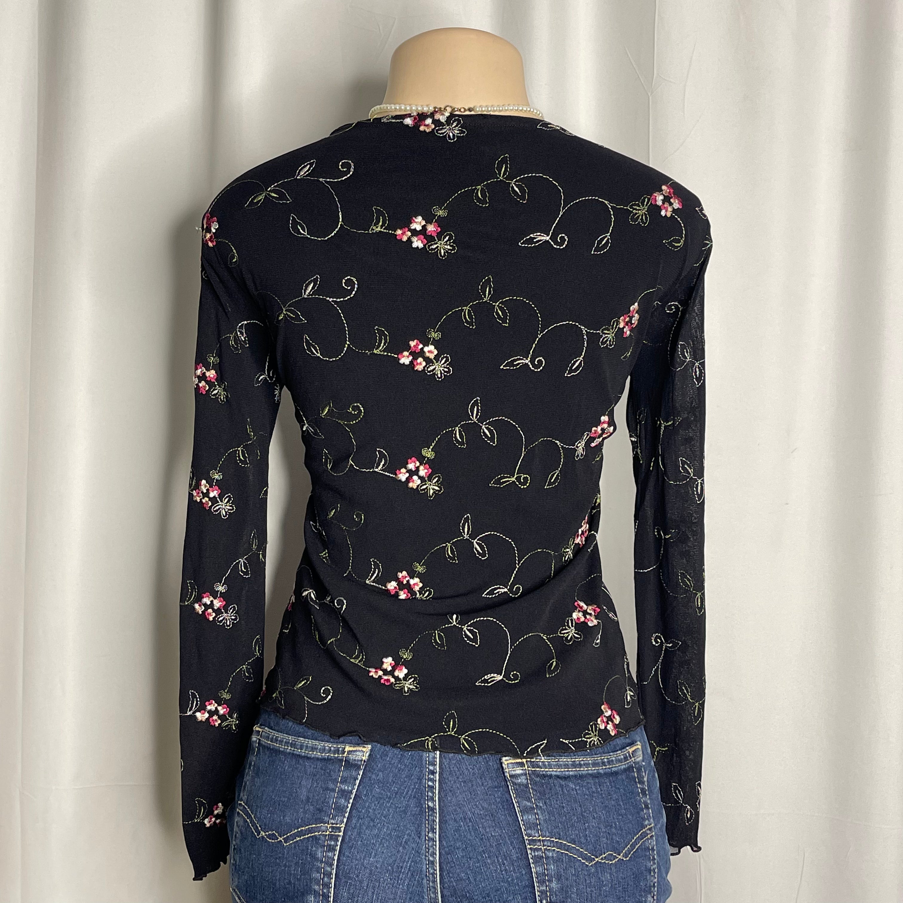 Floral Embroidered Mesh Long-sleeve Top