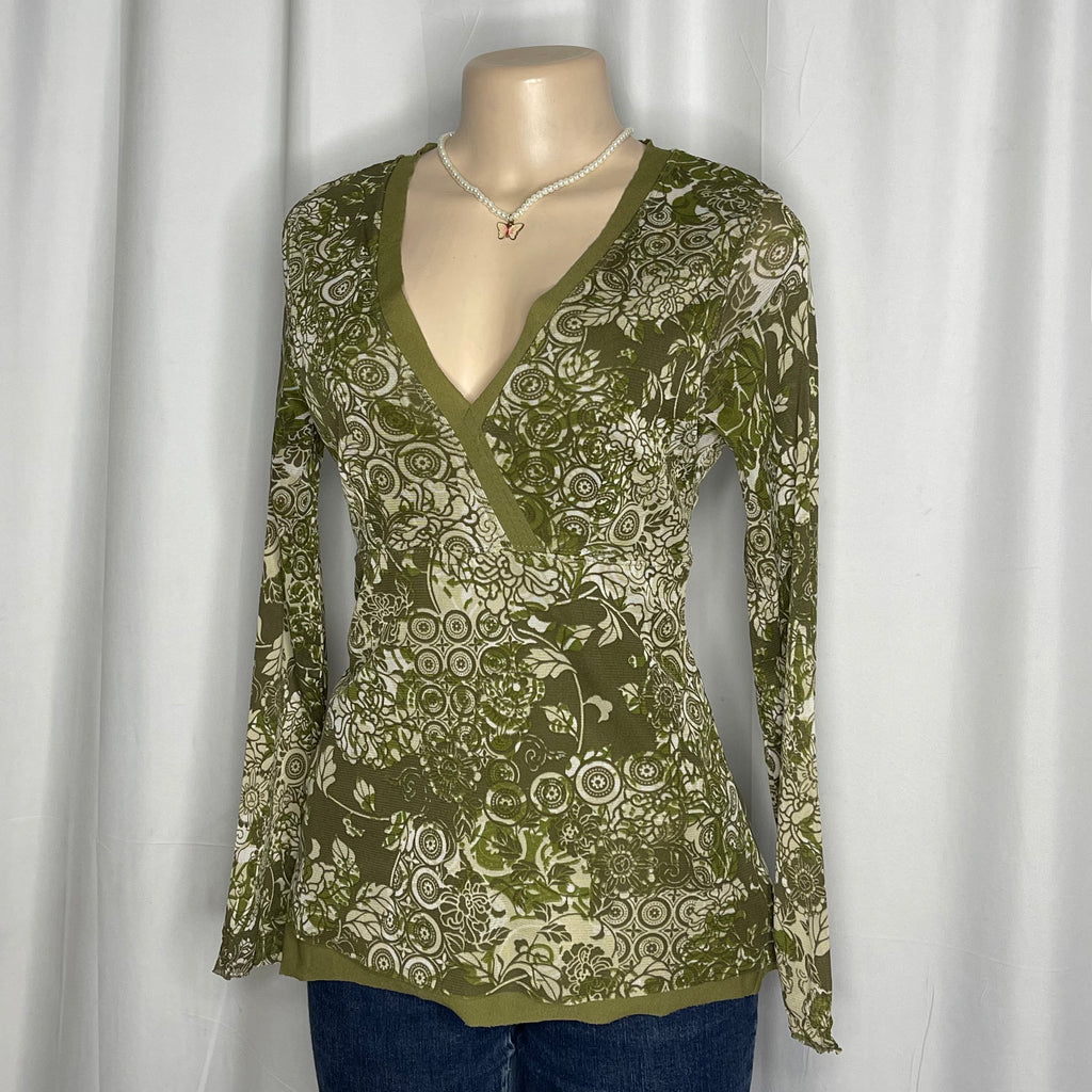 Floral V Neck Long-sleeve Mesh Top