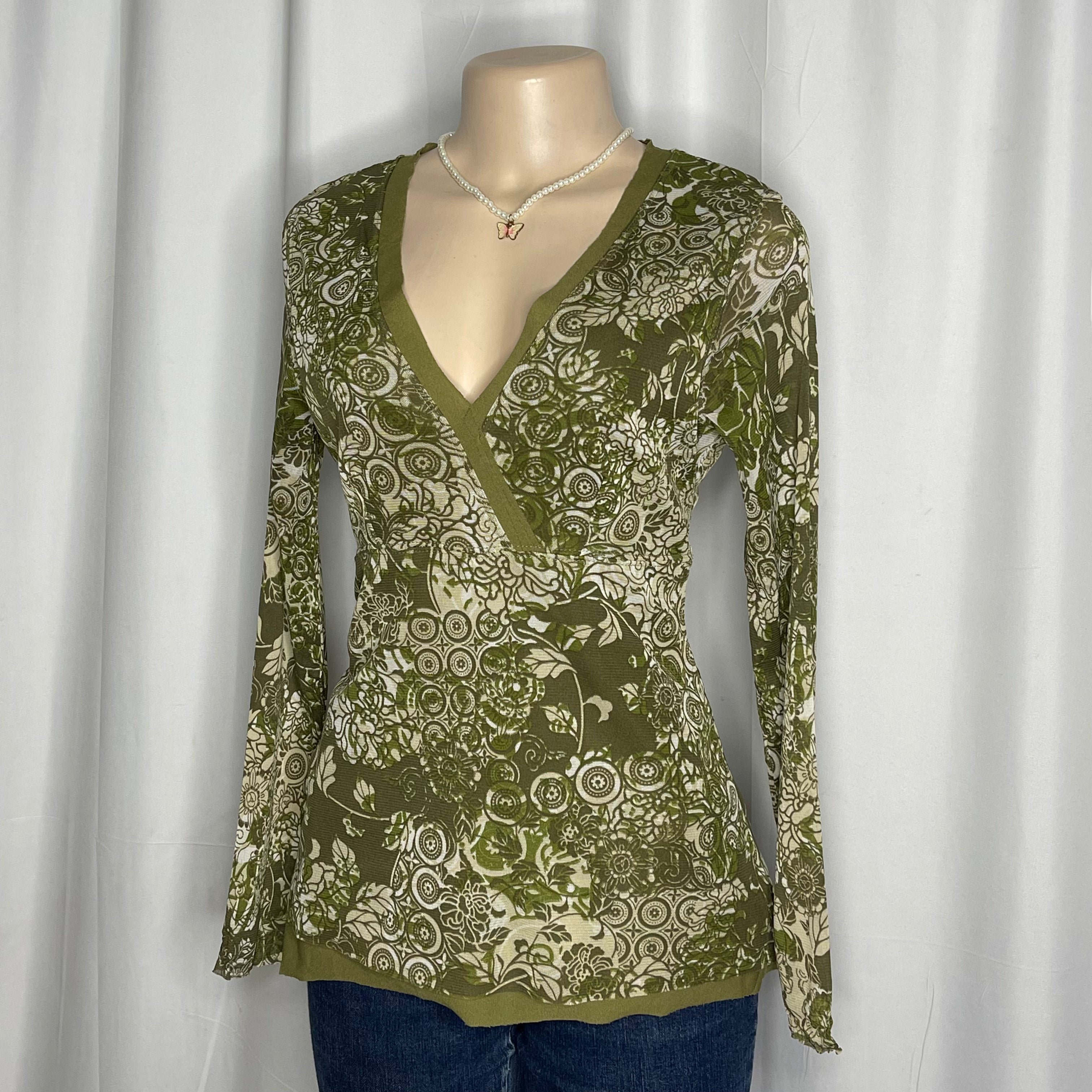 Floral V Neck Long-sleeve Mesh Top