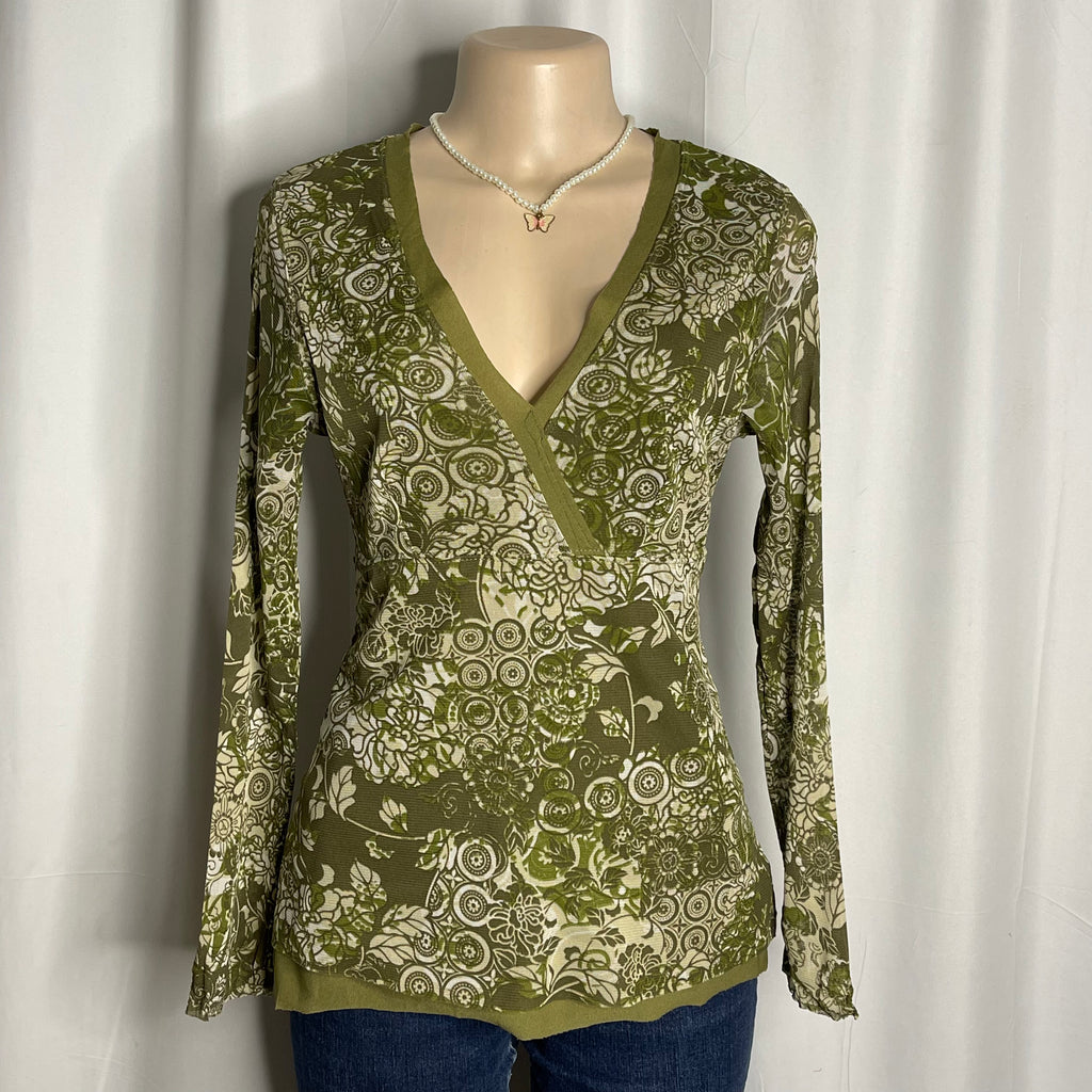 Floral V Neck Long-sleeve Mesh Top