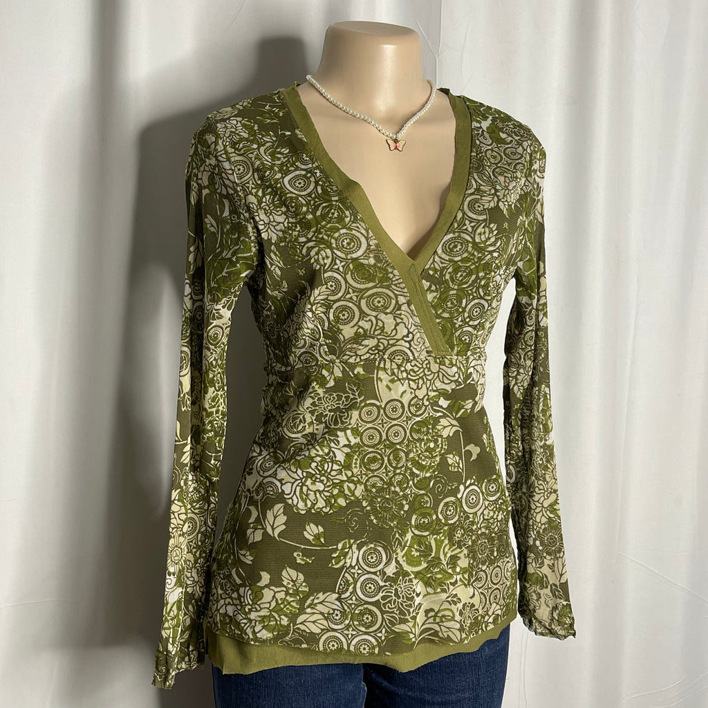 Floral V Neck Long-sleeve Mesh Top