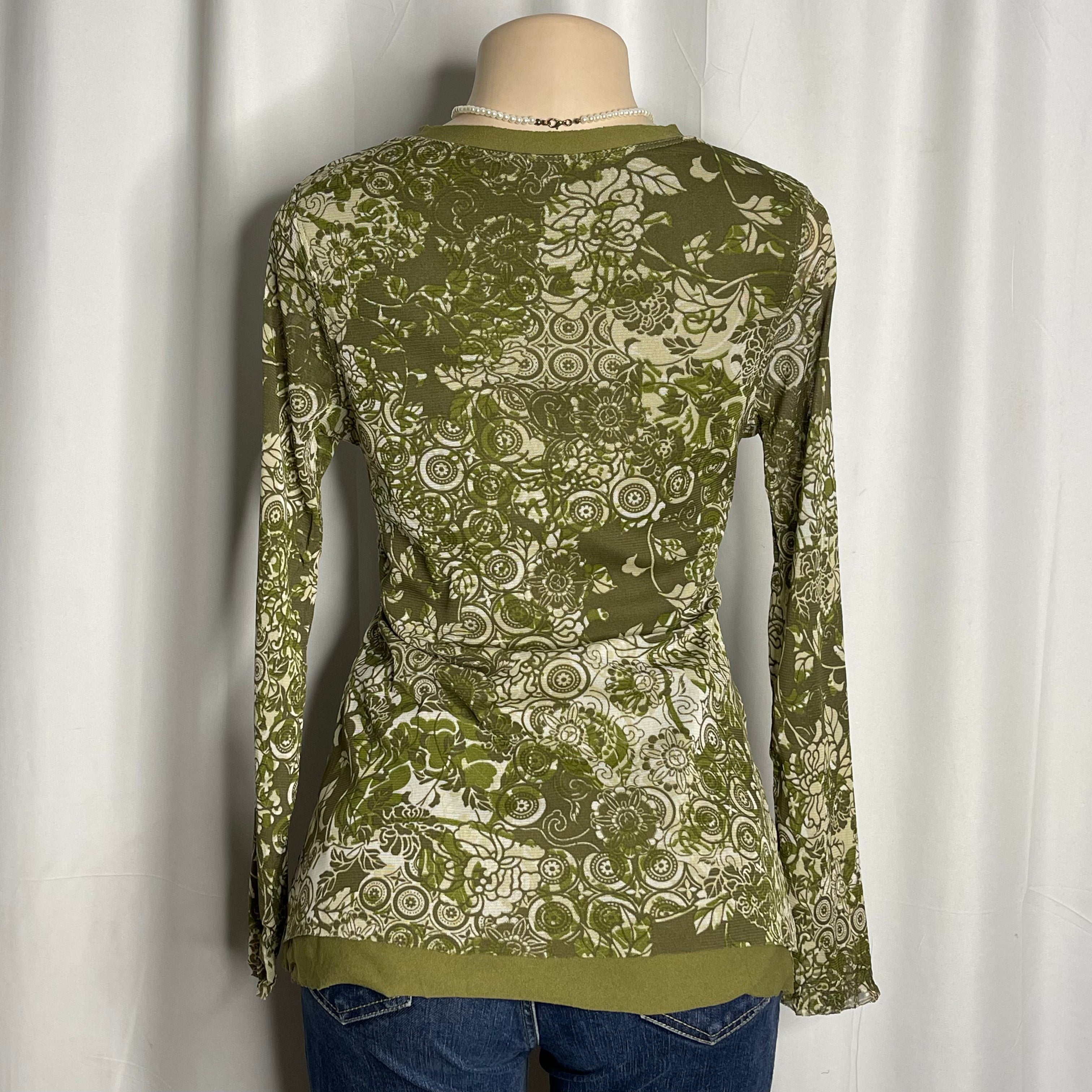 Floral V Neck Long-sleeve Mesh Top