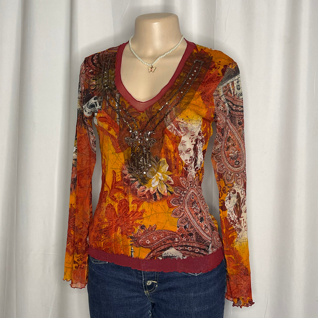 Graphic Beaded Neck Line Long-Sleeve Mesh Top