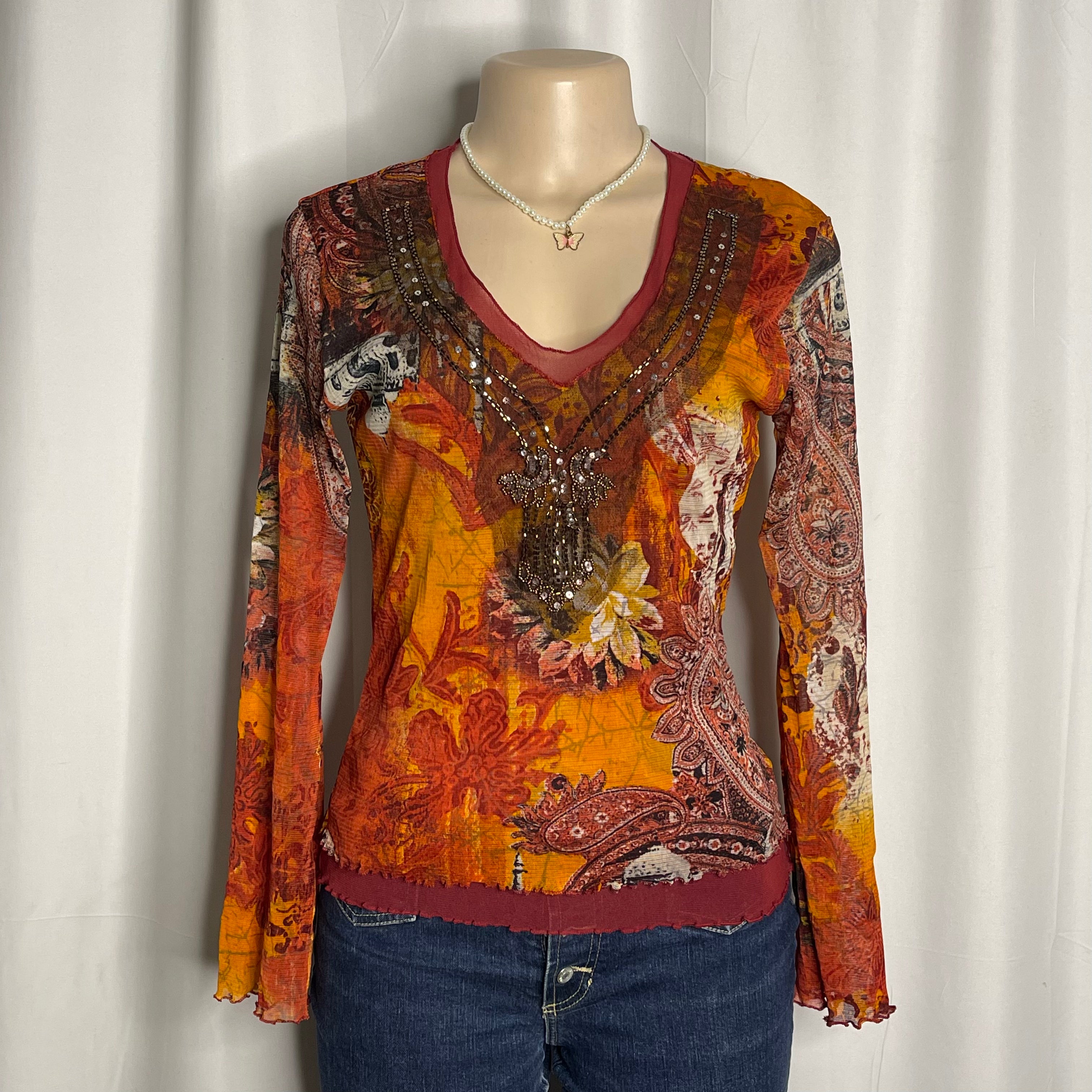 Graphic Beaded Neck Line Long-Sleeve Mesh Top