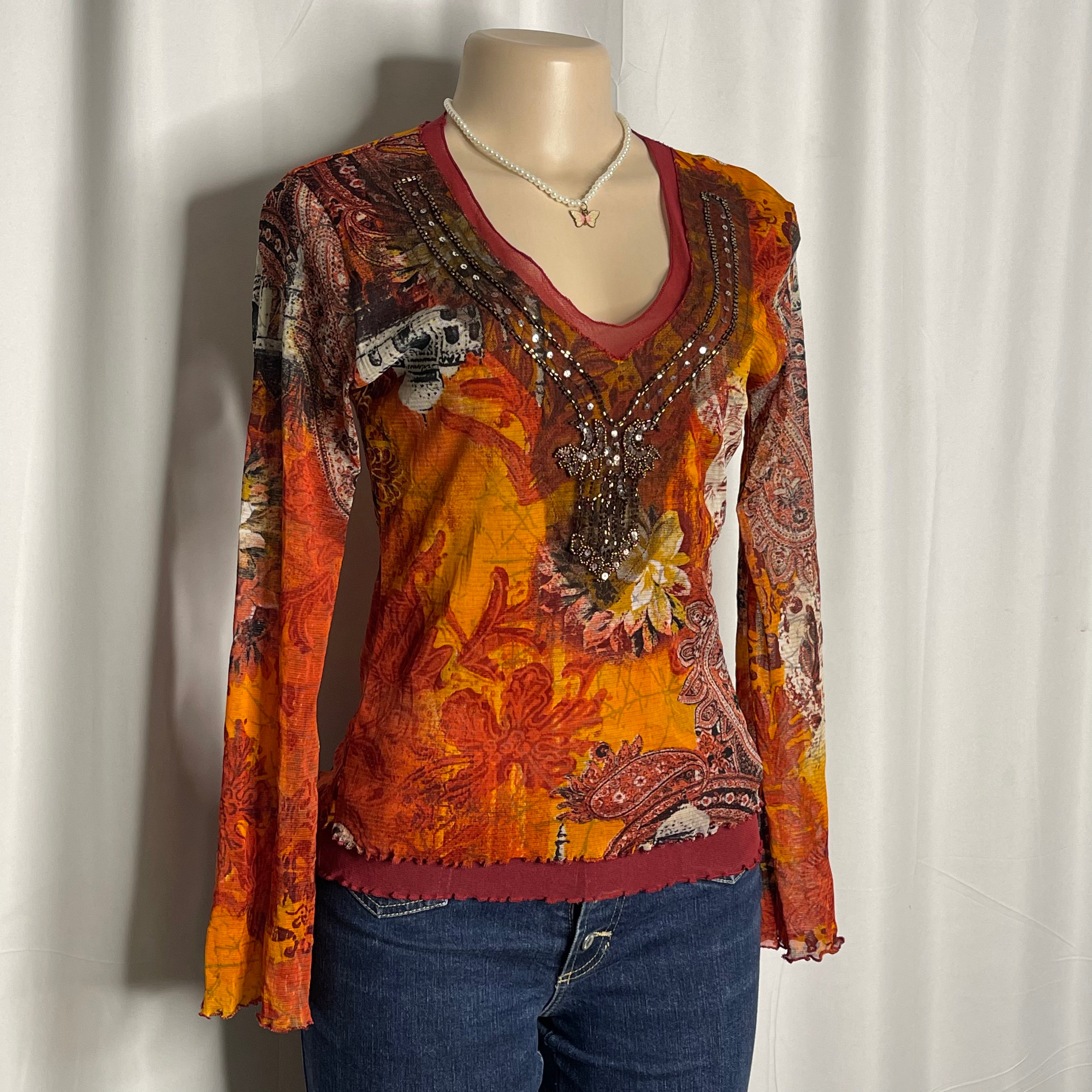 Graphic Beaded Neck Line Long-Sleeve Mesh Top