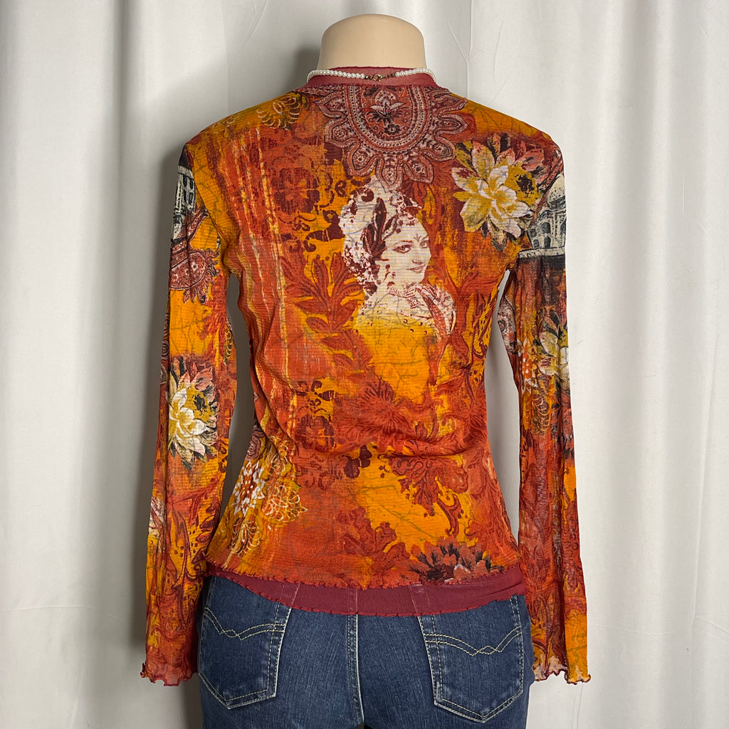 Graphic Beaded Neck Line Long-Sleeve Mesh Top