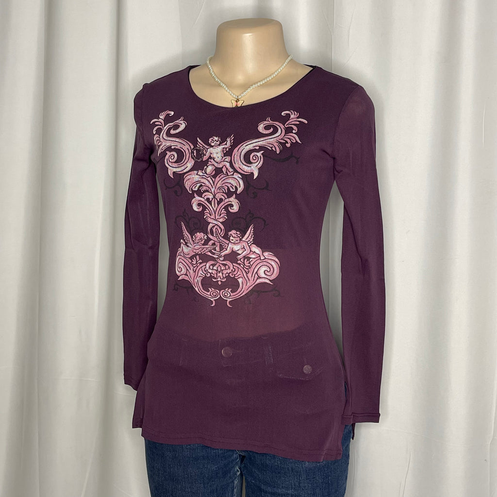 Vintage French Graphic Long-sleeve Mesh Top