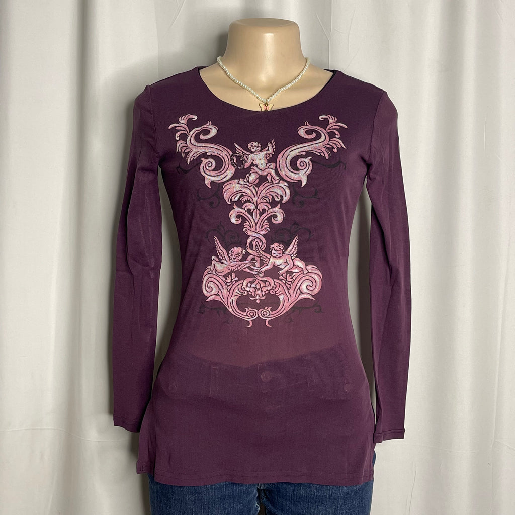 Vintage French Graphic Long-sleeve Mesh Top