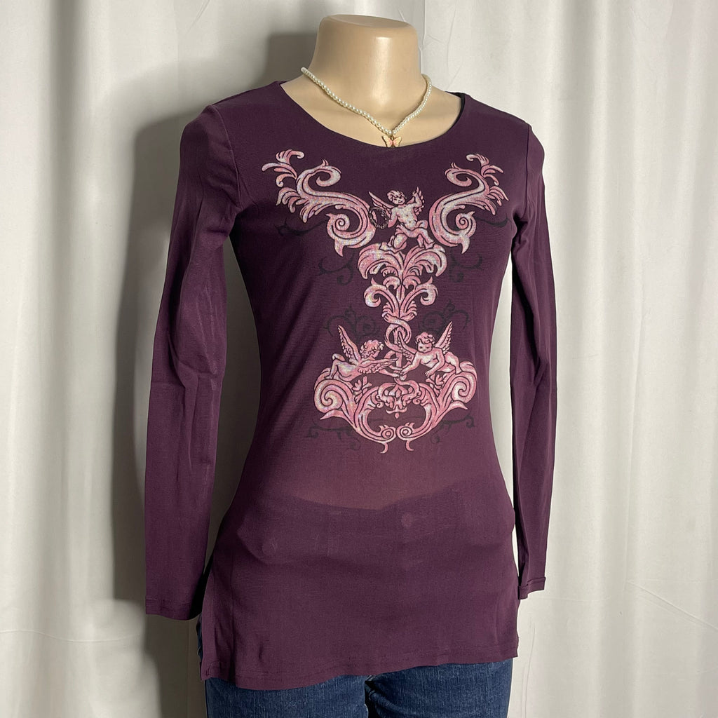 Vintage French Graphic Long-sleeve Mesh Top