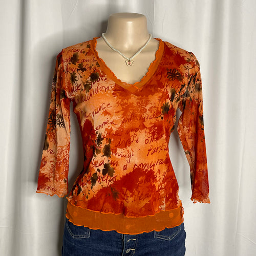 3/4 Sleeves Floral Graphic Mesh Top