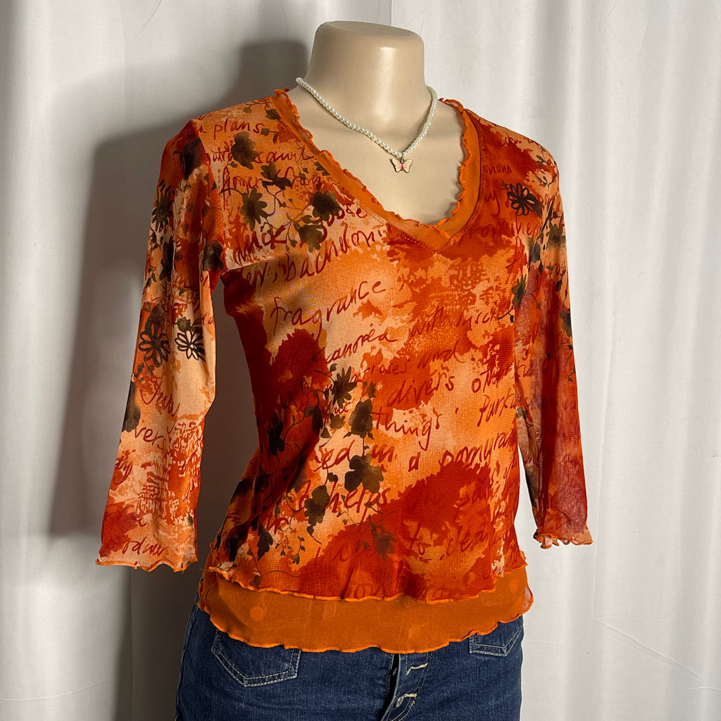 3/4 Sleeves Floral Graphic Mesh Top