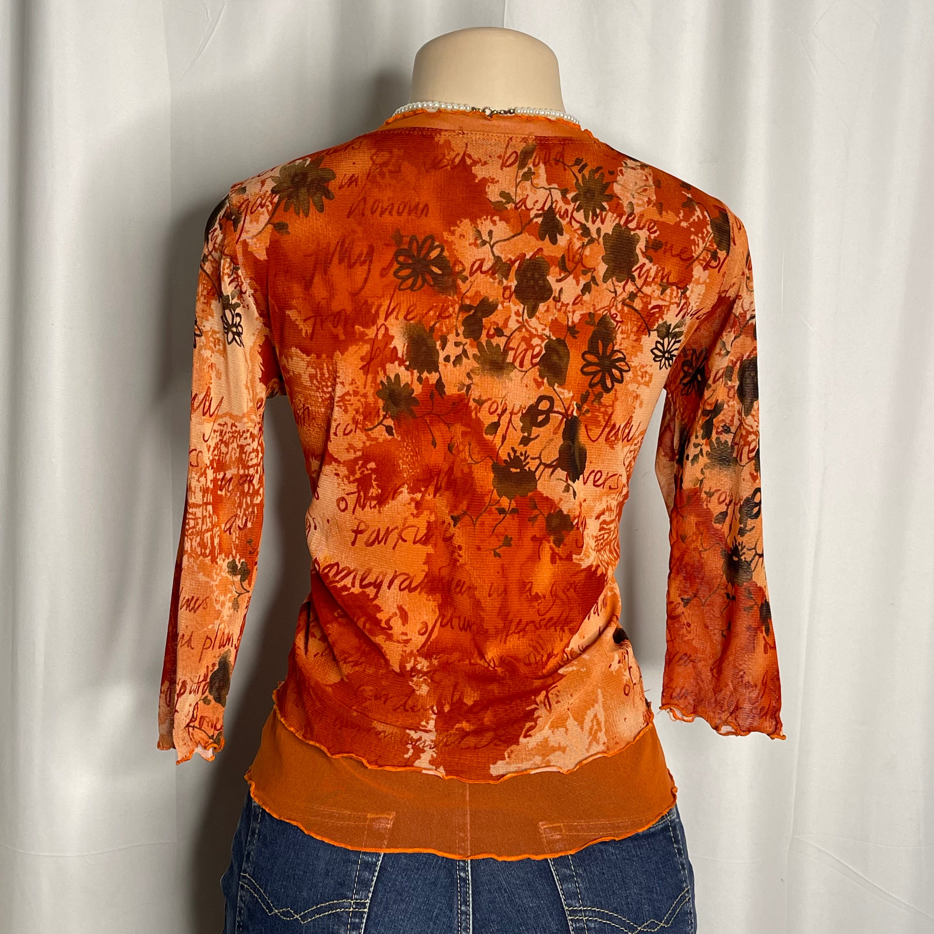 3/4 Sleeves Floral Graphic Mesh Top