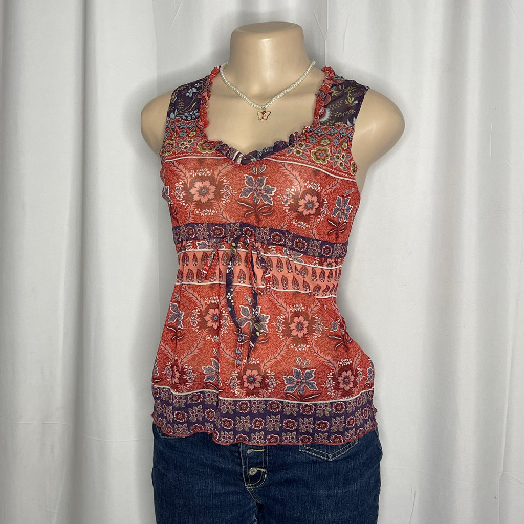 Sheer Floral Mesh Top Front Tie