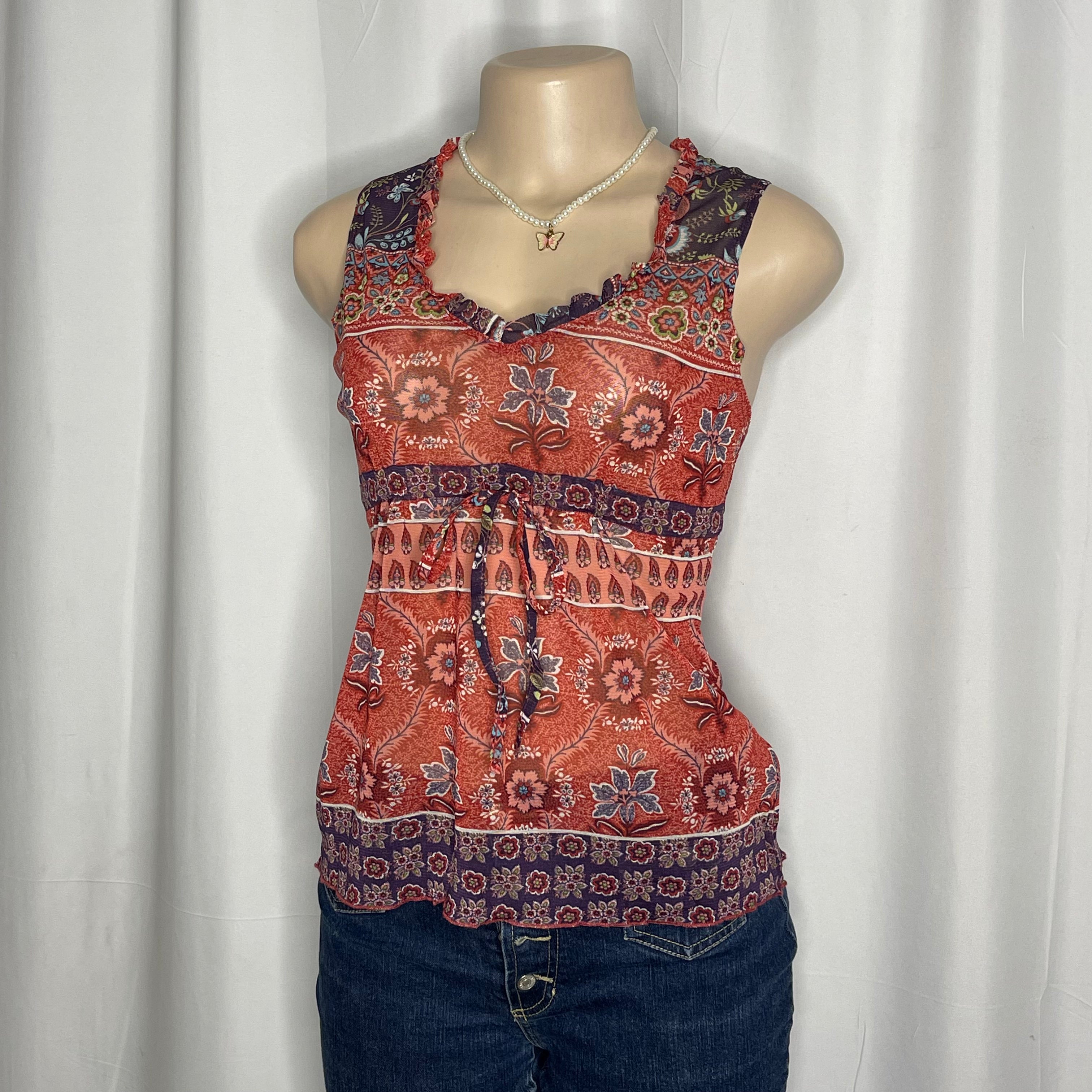 Sheer Floral Mesh Top Front Tie