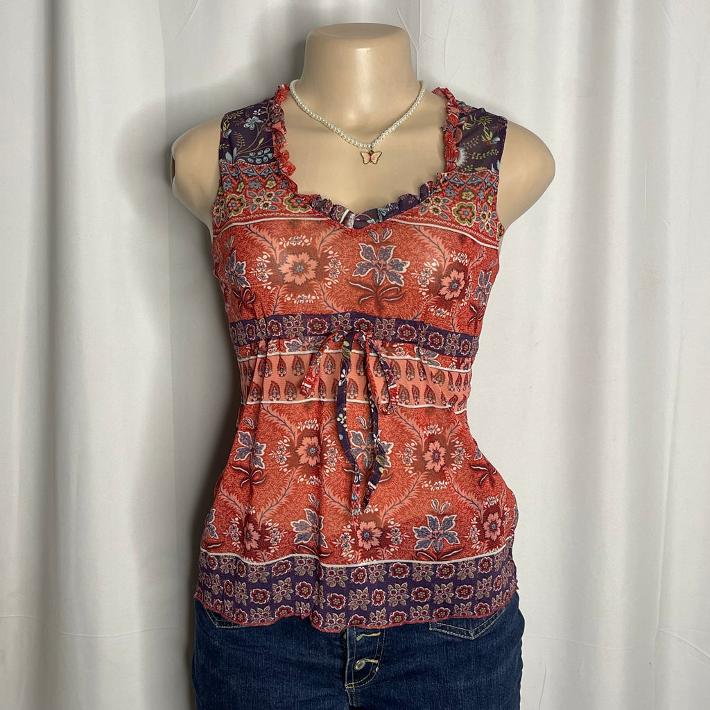 Sheer Floral Mesh Top Front Tie