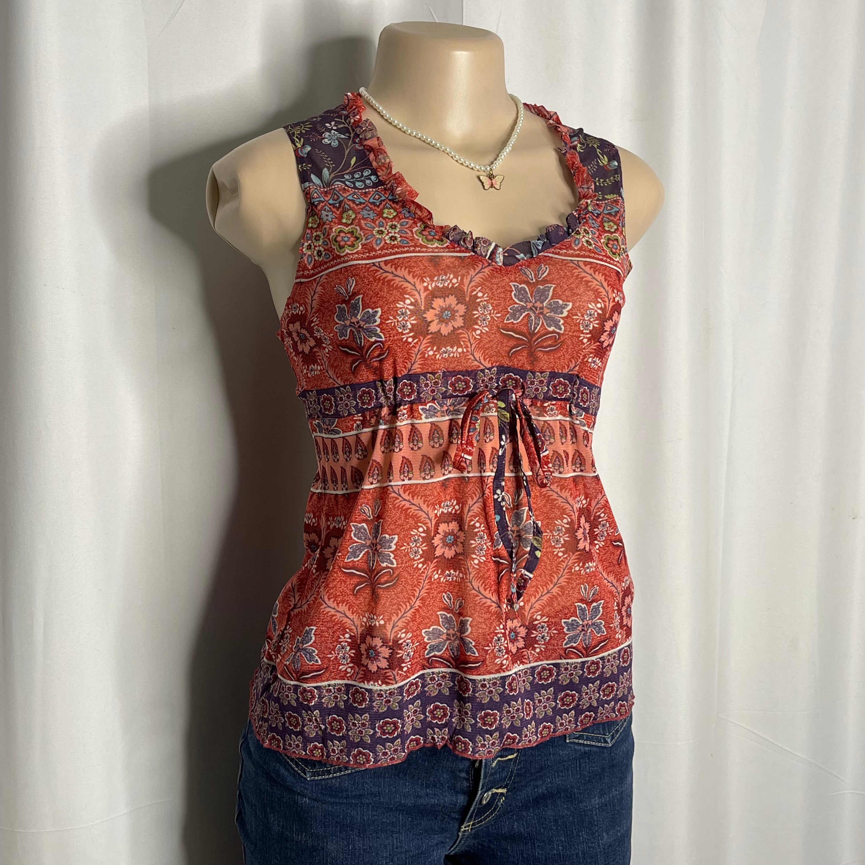 Sheer Floral Mesh Top Front Tie