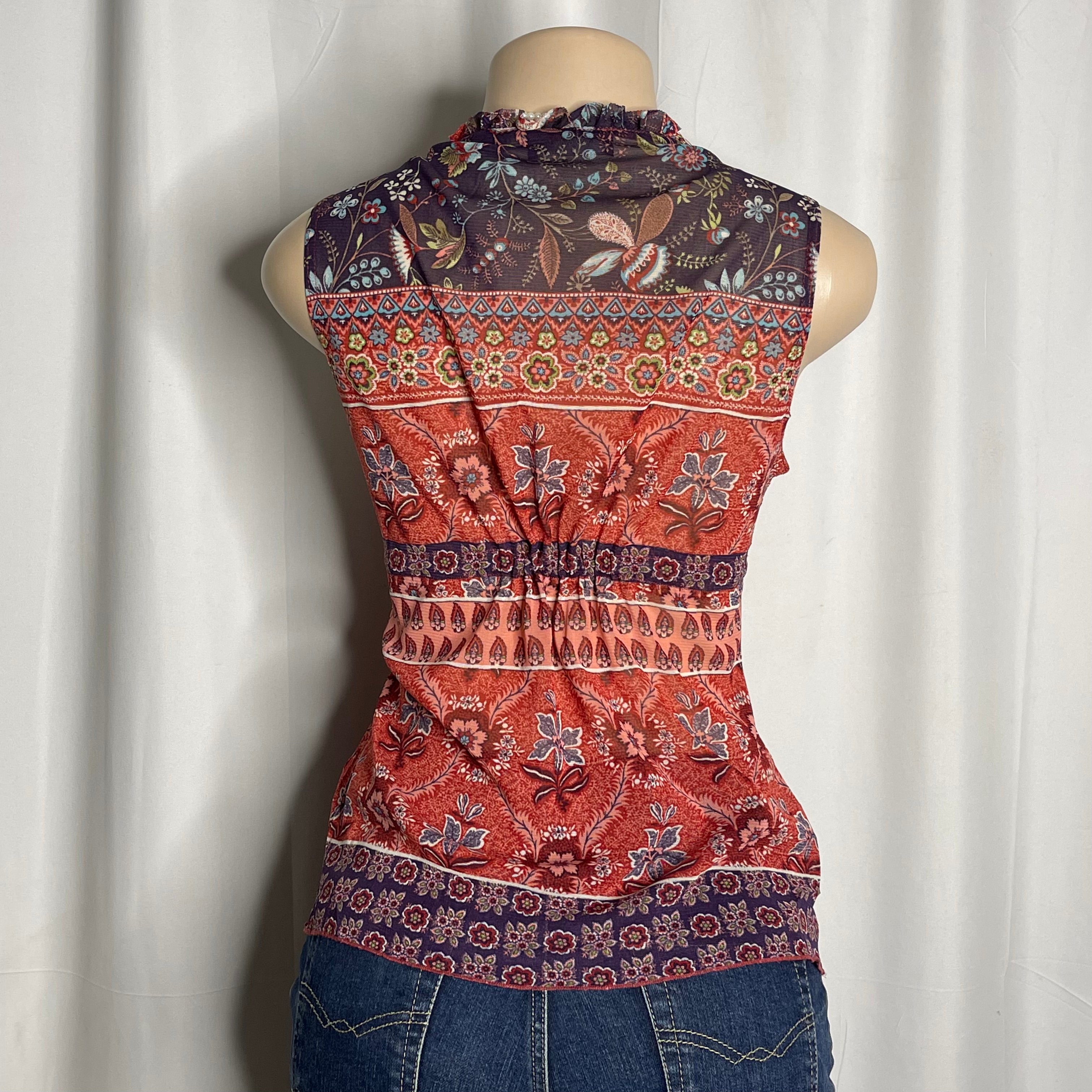 Sheer Floral Mesh Top Front Tie