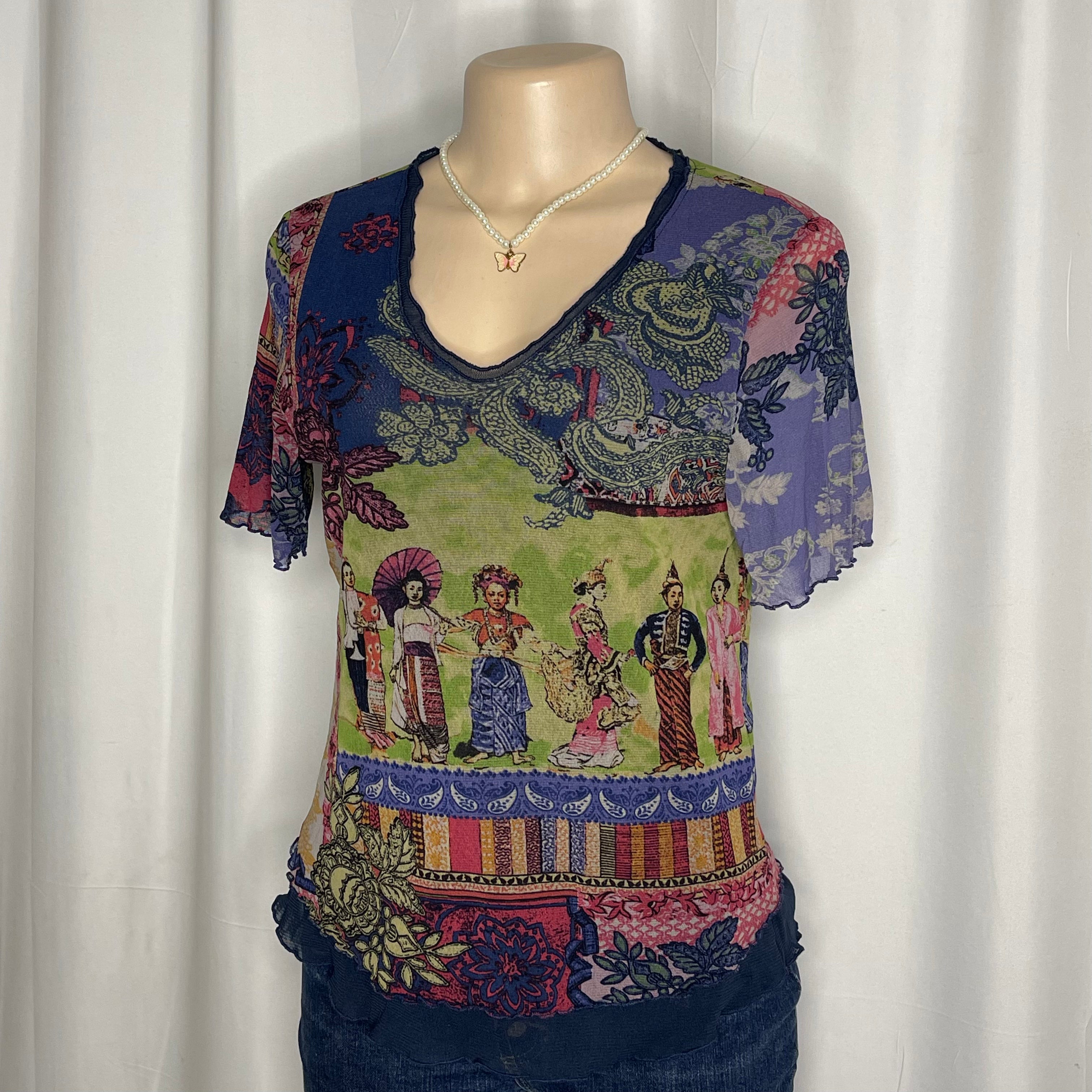 Short Sleeves Floral Graphic Print Mesh top