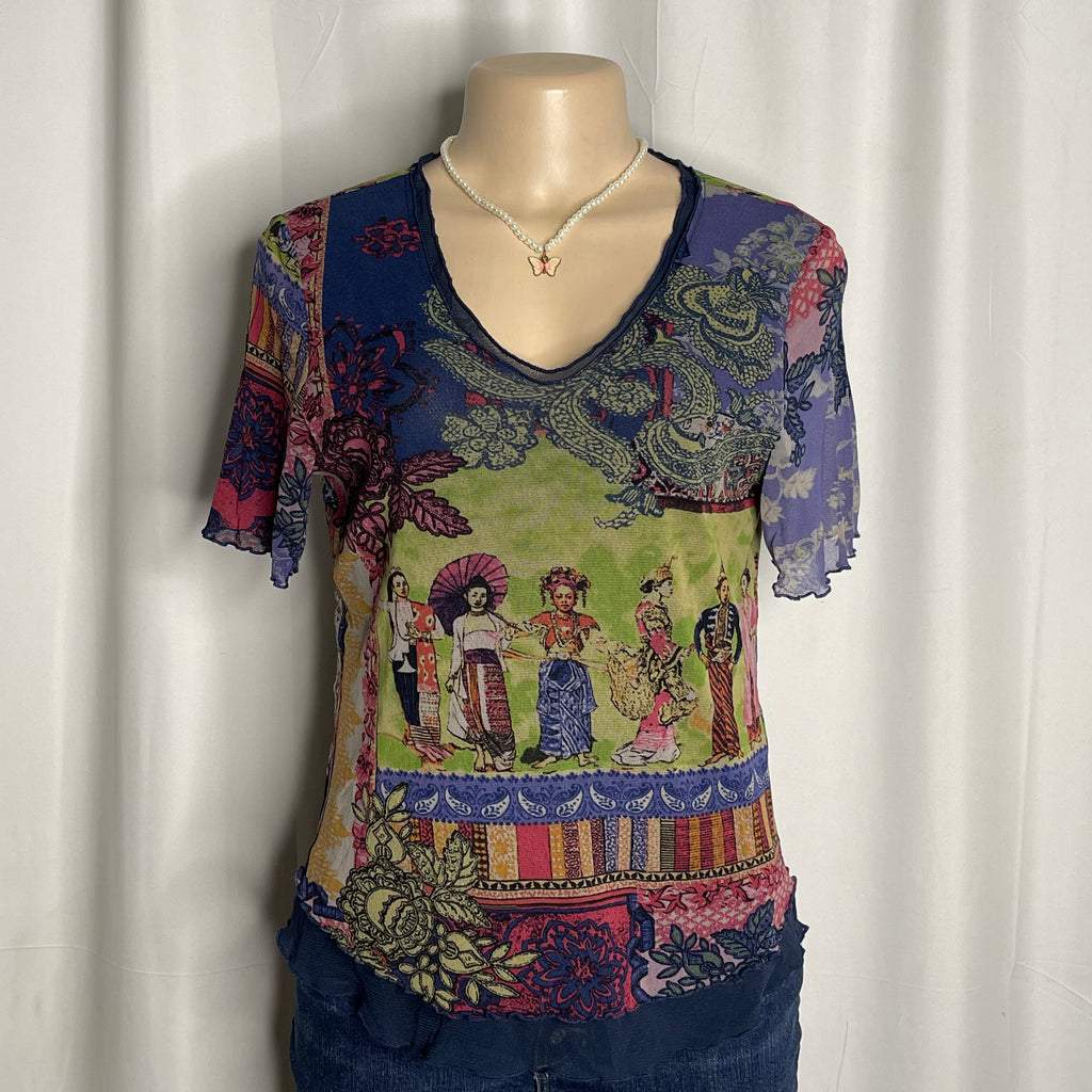 Short Sleeves Floral Graphic Print Mesh top