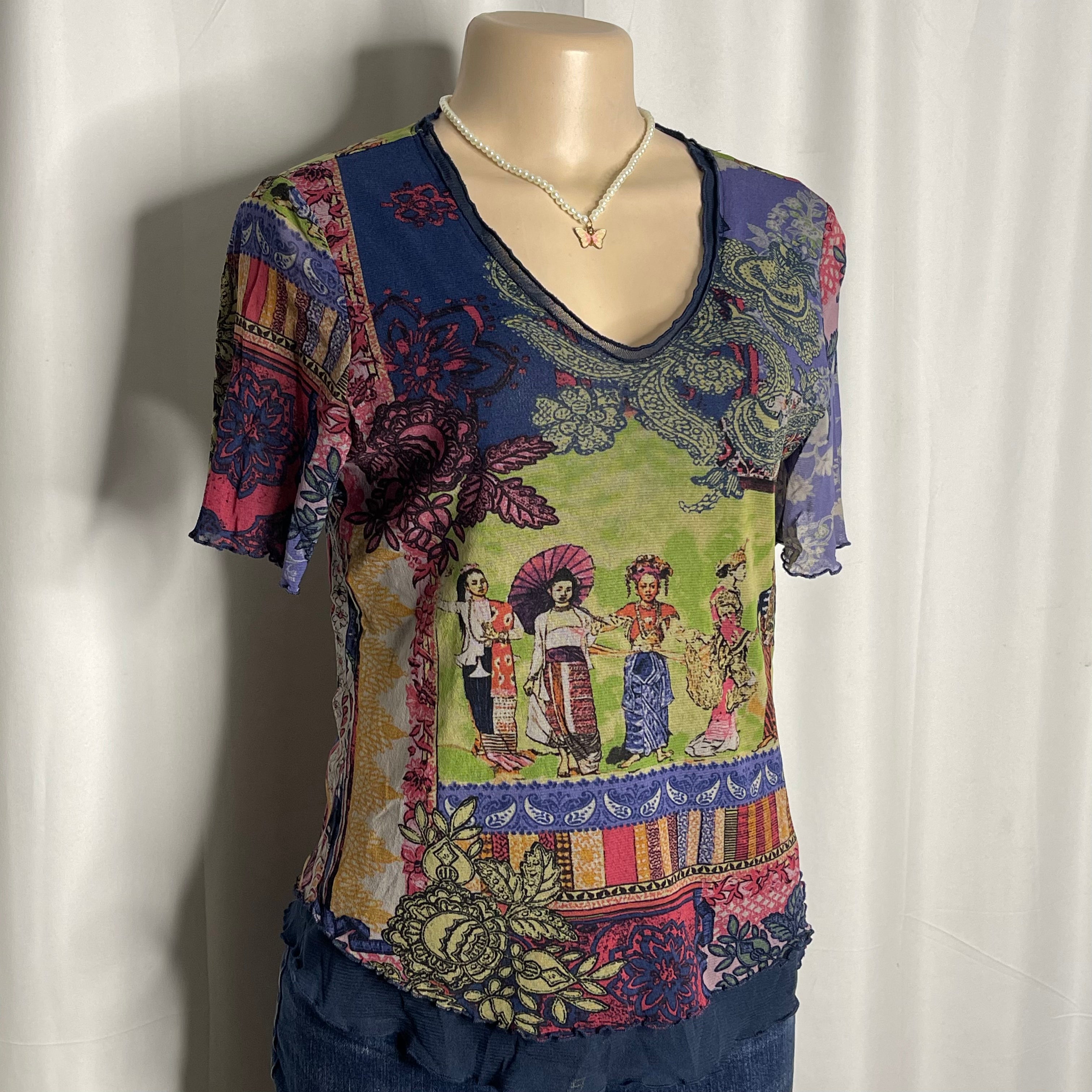 Short Sleeves Floral Graphic Print Mesh top