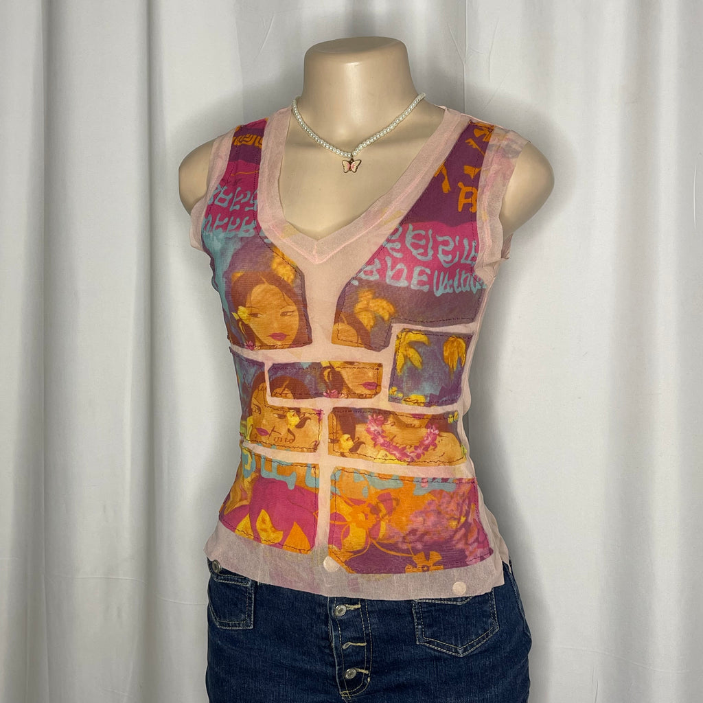 Sleeveless Graphic Print Mesh Top