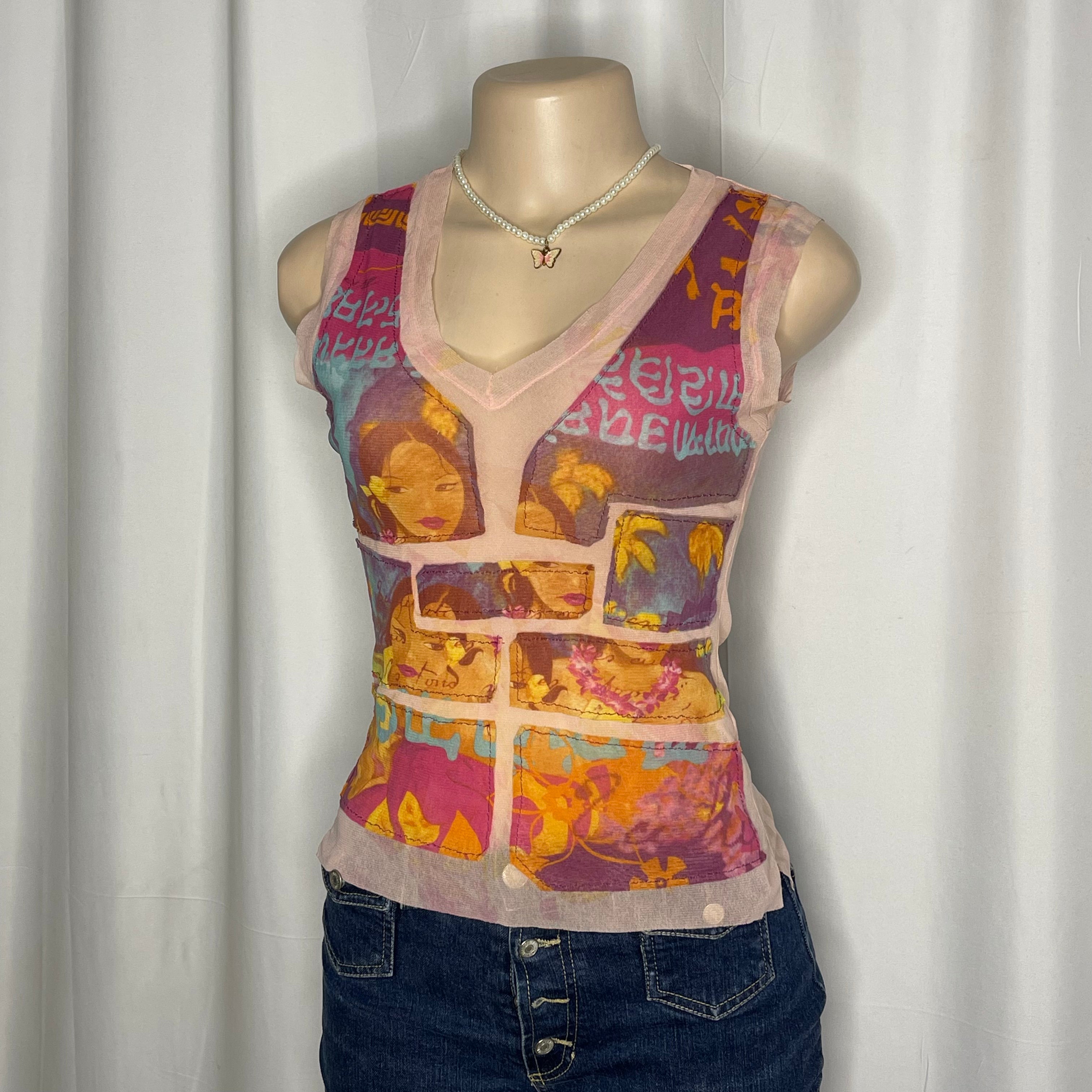 Sleeveless Graphic Print Mesh Top
