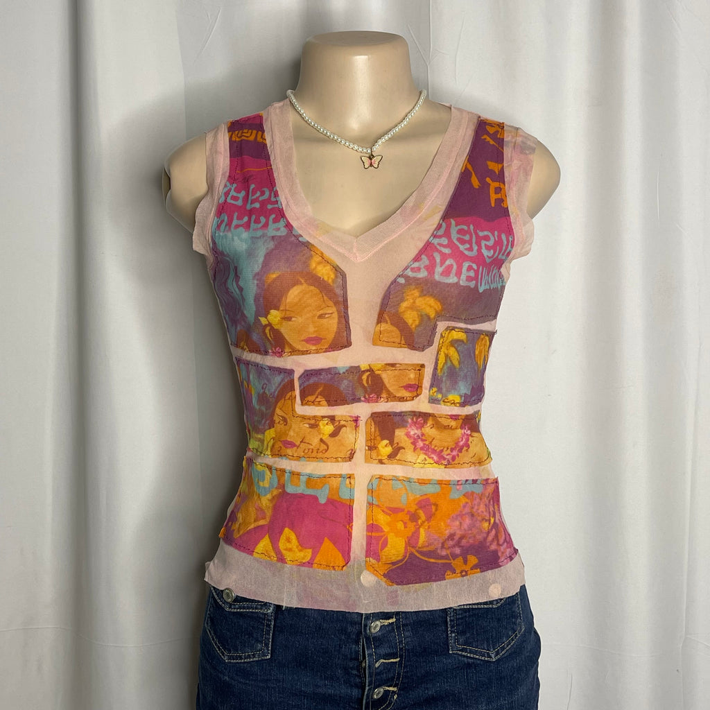 Sleeveless Graphic Print Mesh Top