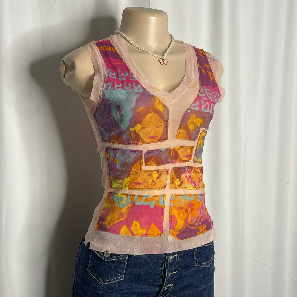 Sleeveless Graphic Print Mesh Top