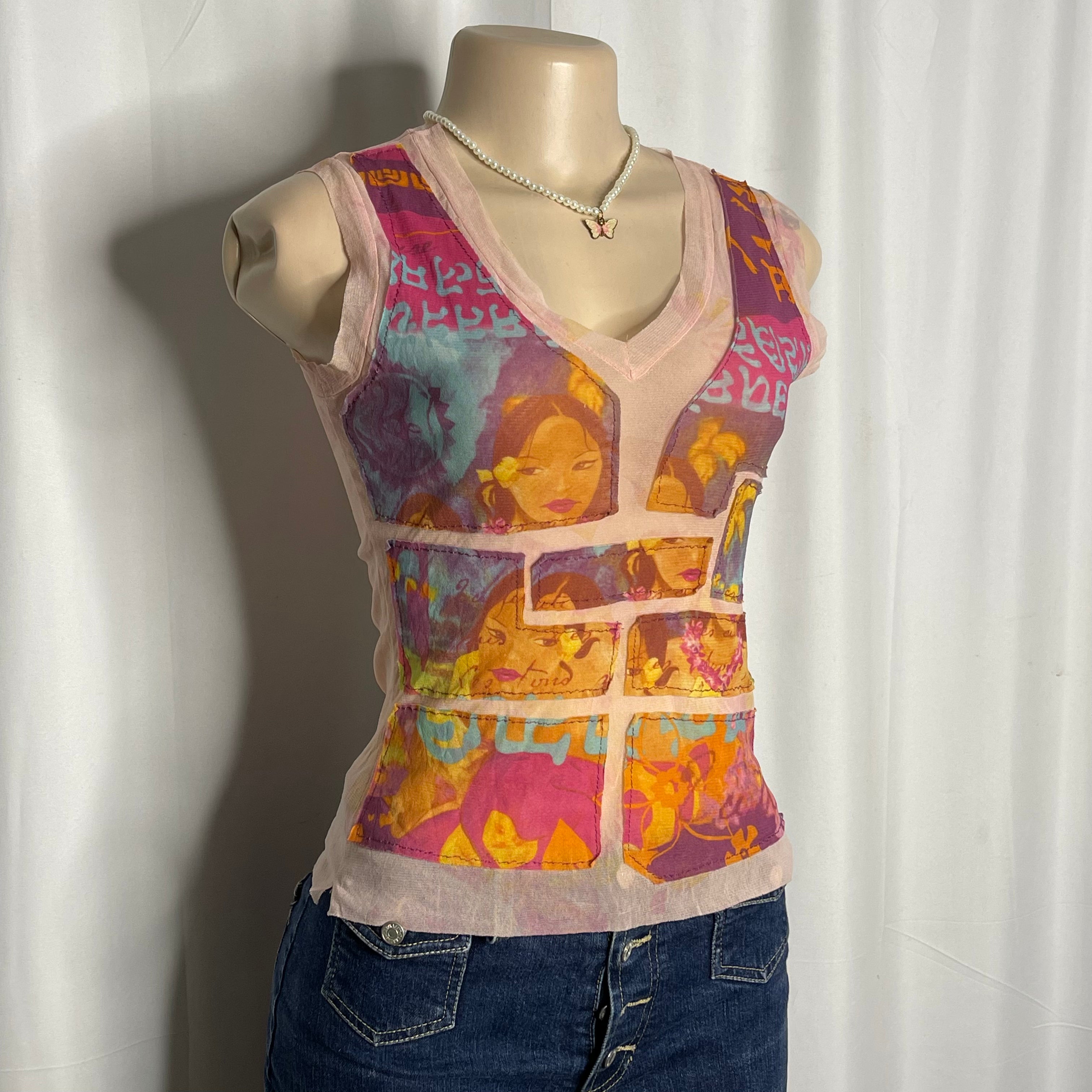 Sleeveless Graphic Print Mesh Top