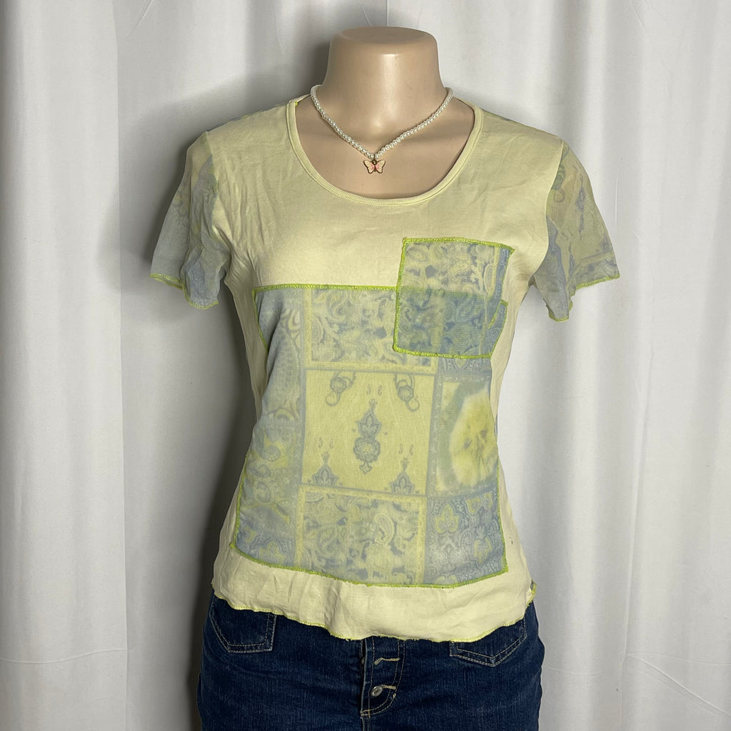 Short Sleeves Patch Style Mesh Top