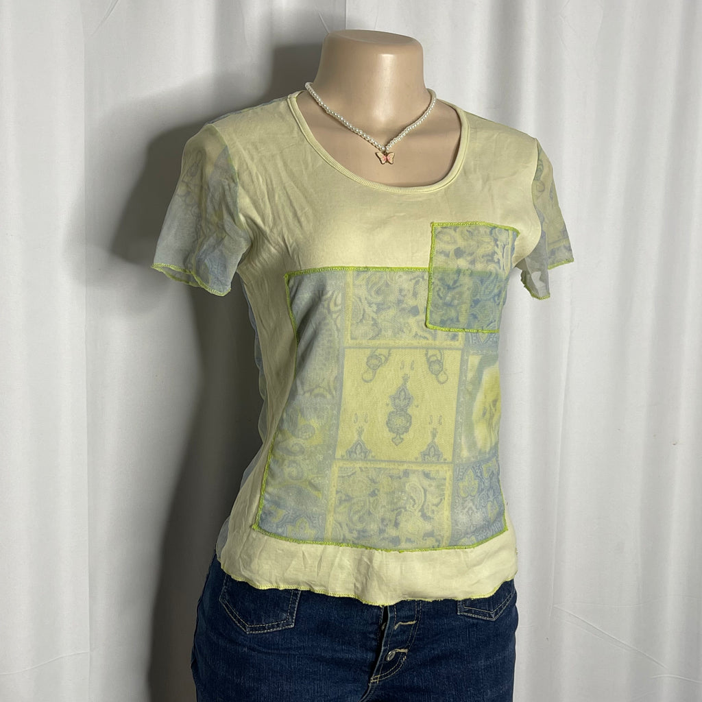 Short Sleeves Patch Style Mesh Top