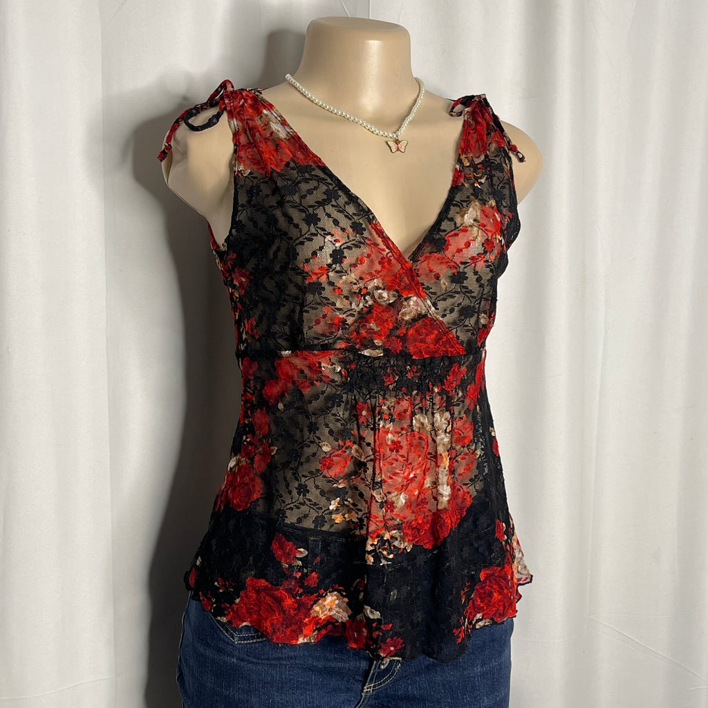 Sheer Floral Print Lace Top