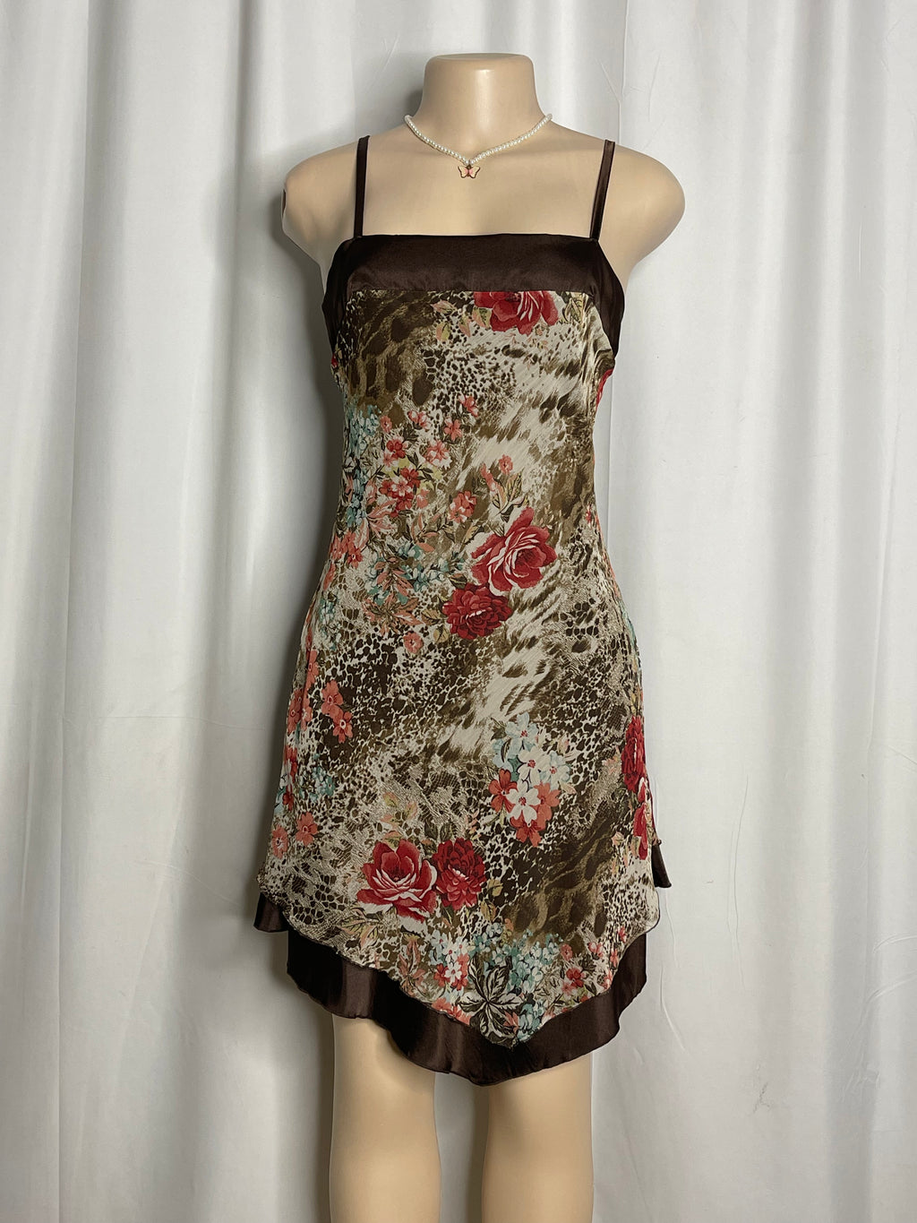 Y2k-Style Brown Floral Print With Satin Trim Dress