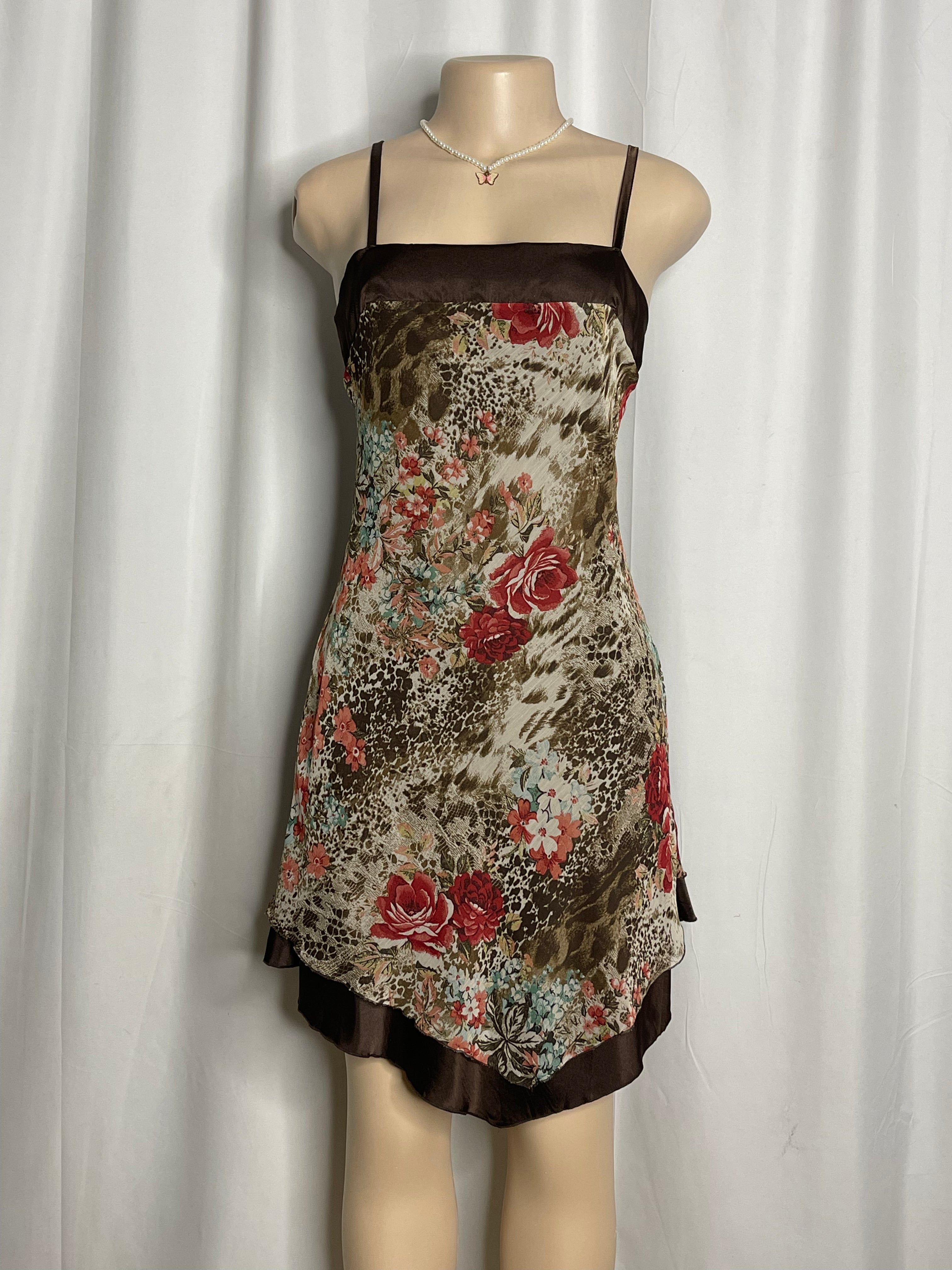 Y2k-Style Brown Floral Print With Satin Trim Dress