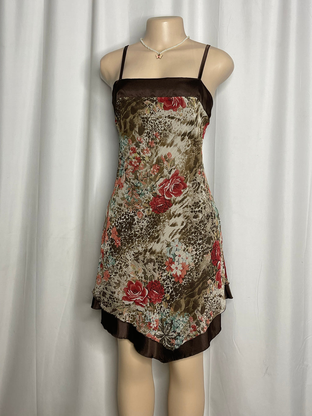 Y2k-Style Brown Floral Print With Satin Trim Dress
