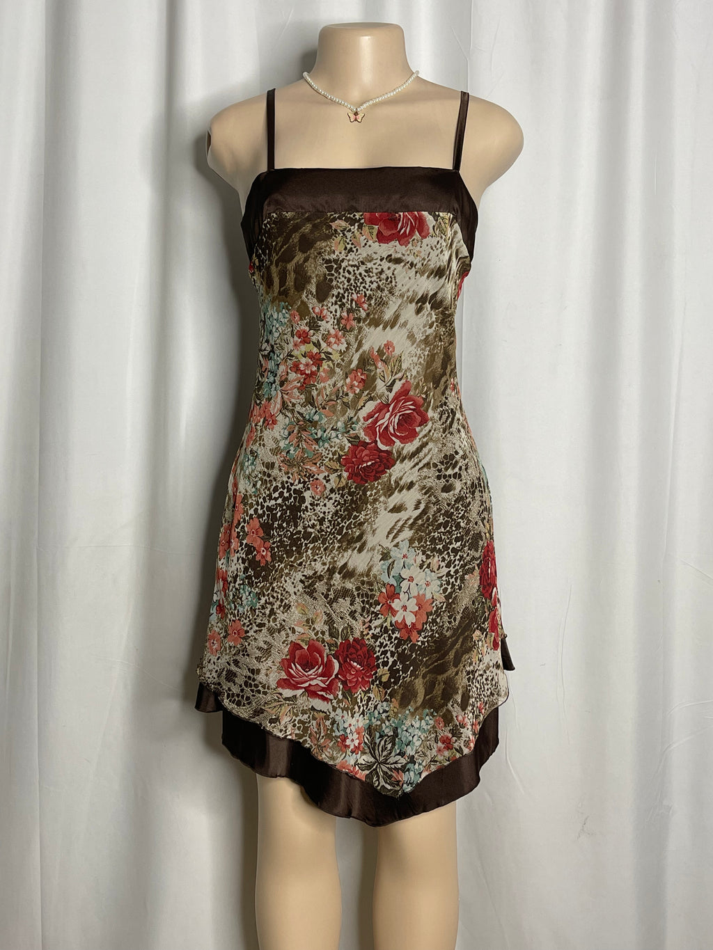 Y2k-Style Brown Floral Print With Satin Trim Dress