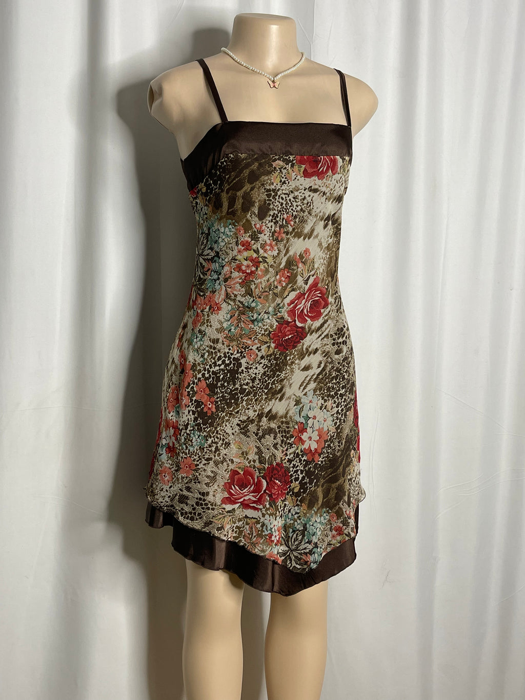 Y2k-Style Brown Floral Print With Satin Trim Dress
