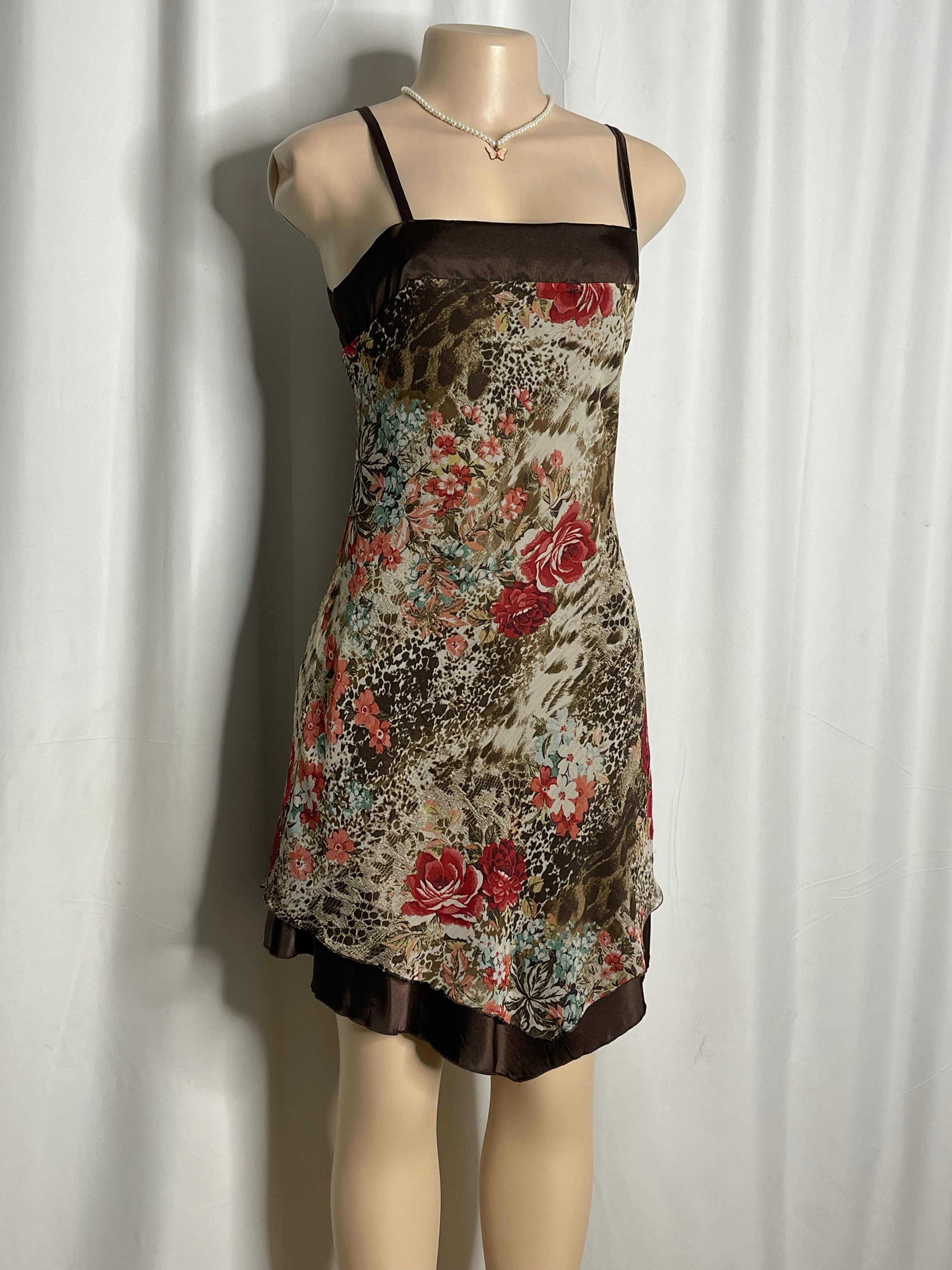 Y2k-Style Brown Floral Print With Satin Trim Dress