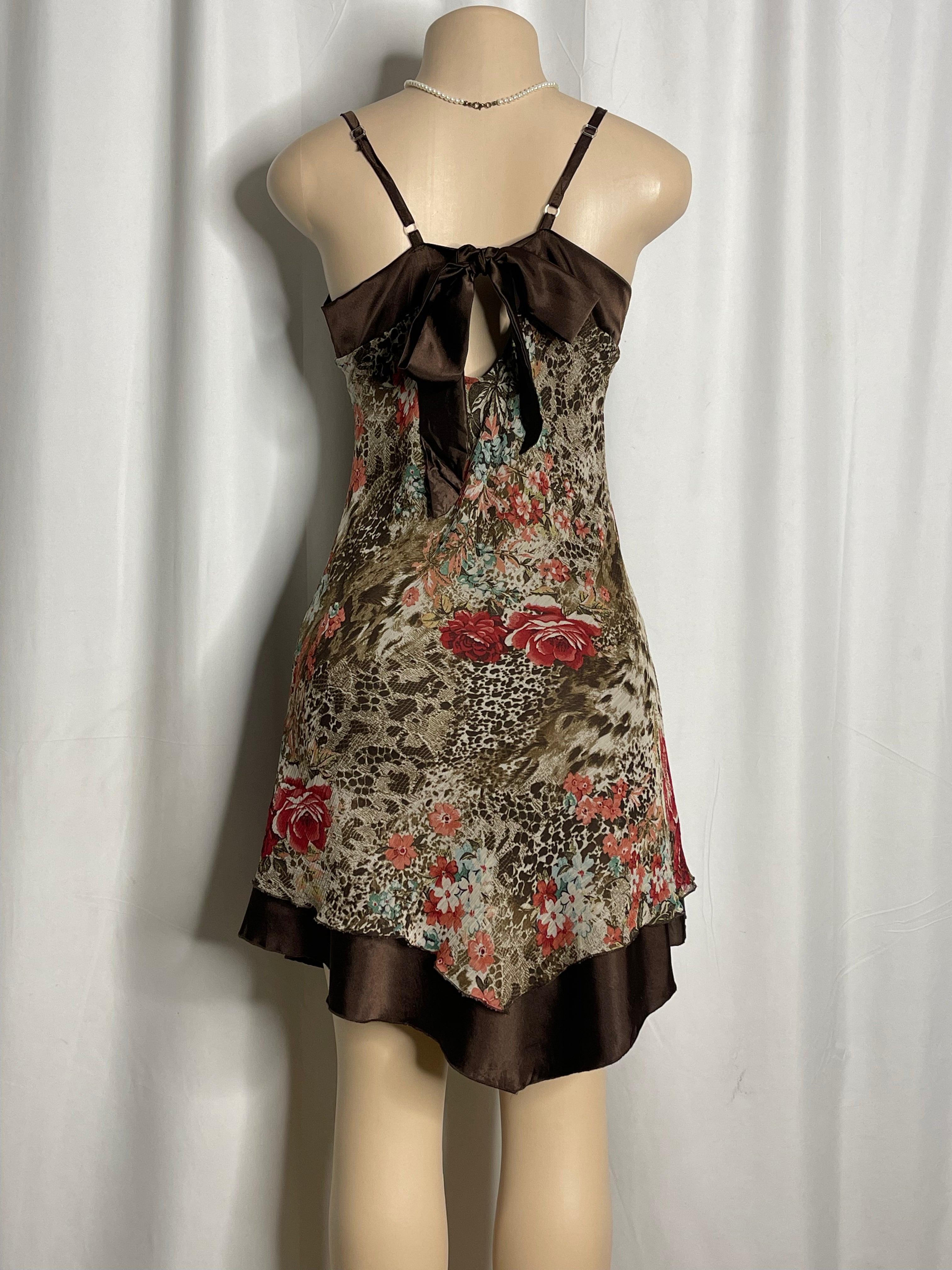 Y2k-Style Brown Floral Print With Satin Trim Dress