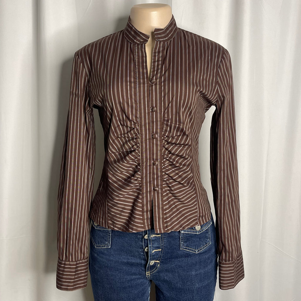 Brown striped fitted button-down blouse and a crunched front detail