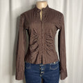Brown striped fitted button-down blouse and a crunched front detail