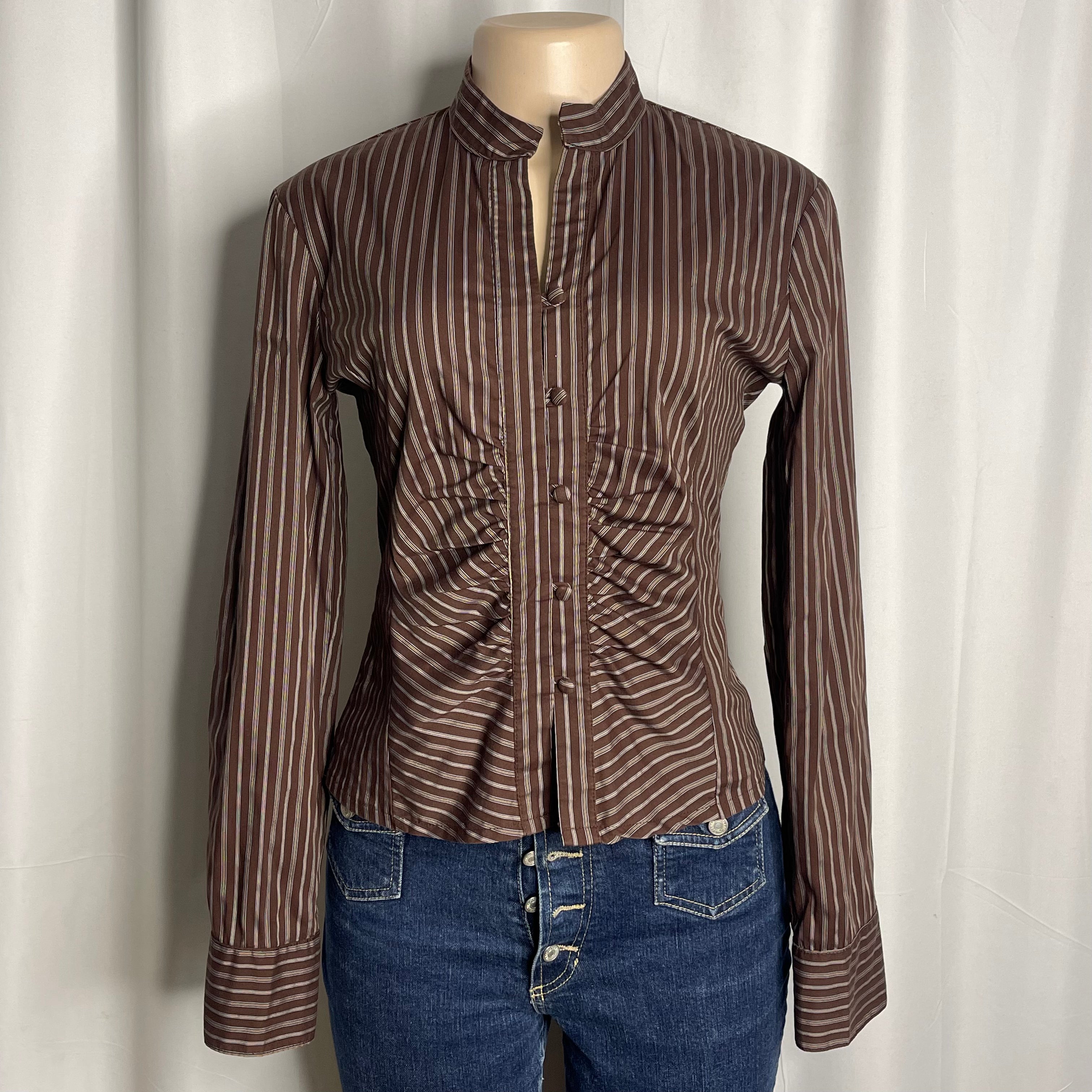Brown striped fitted button-down blouse and a crunched front detail