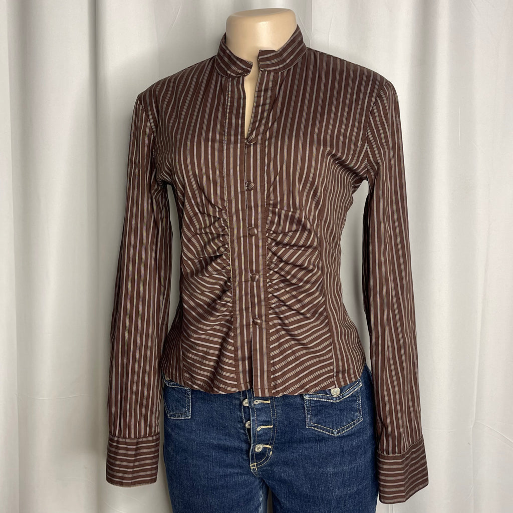 Brown striped fitted button-down blouse and a crunched front detail
