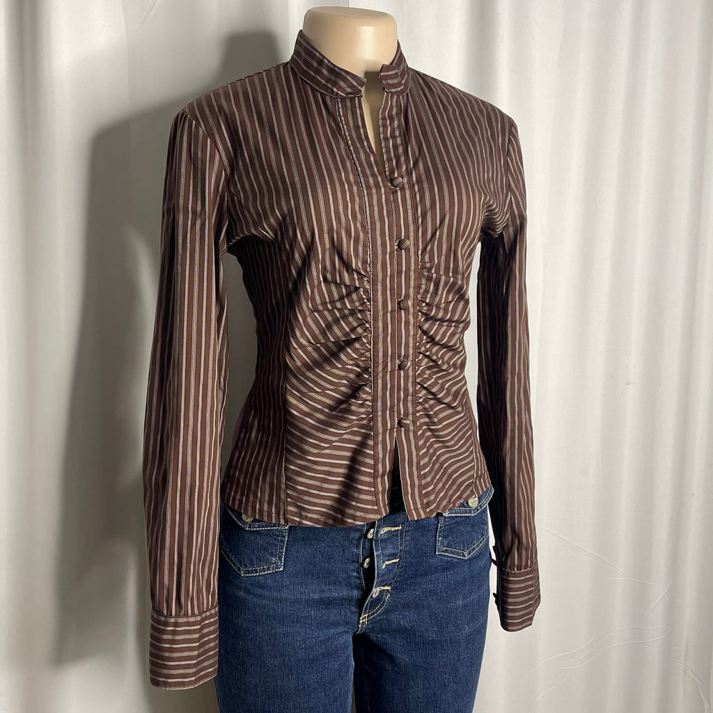 Brown striped fitted button-down blouse and a crunched front detail