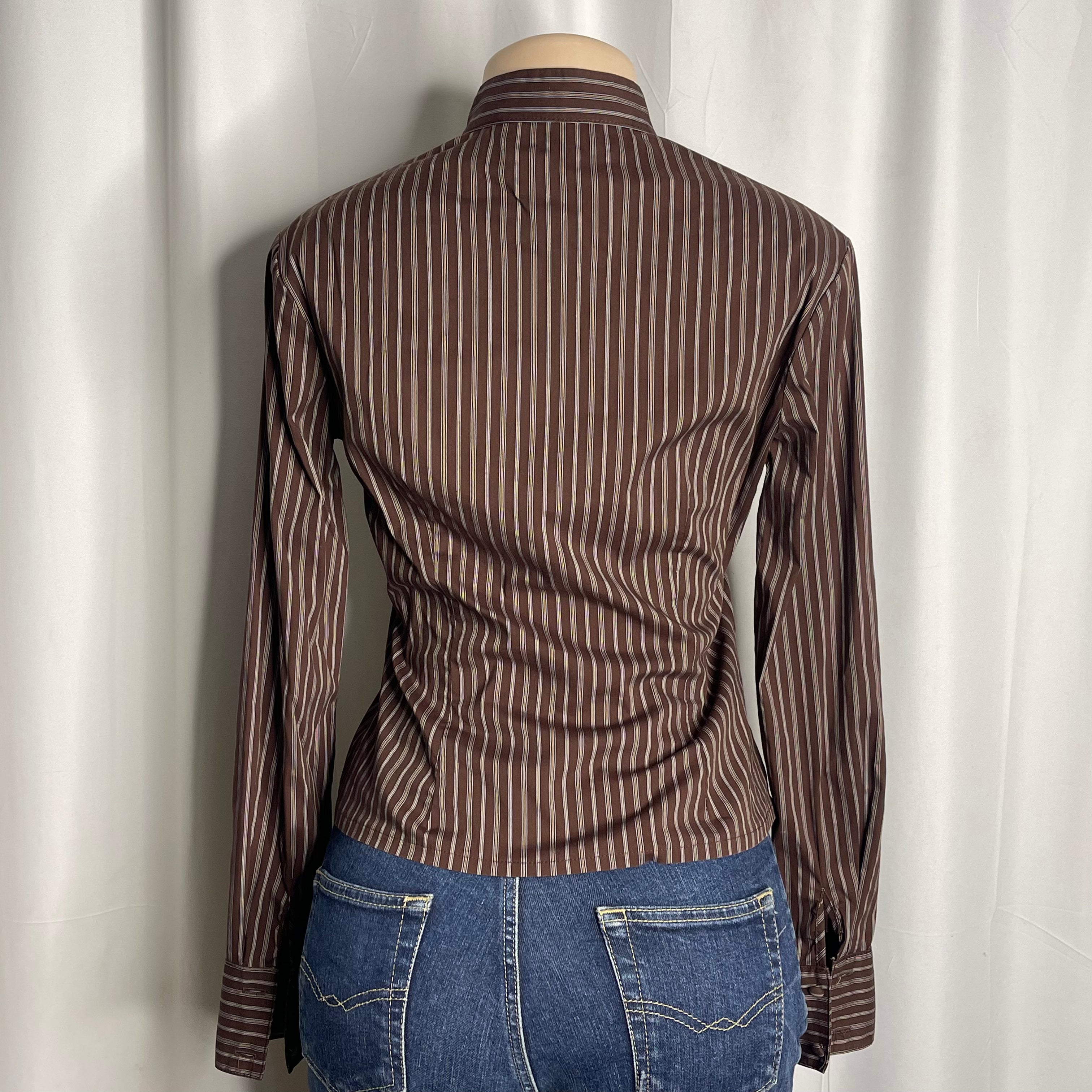 Brown striped fitted button-down blouse and a crunched front detail