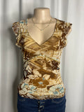Brown & Beige patterned sleeveless top beaded v-neckline