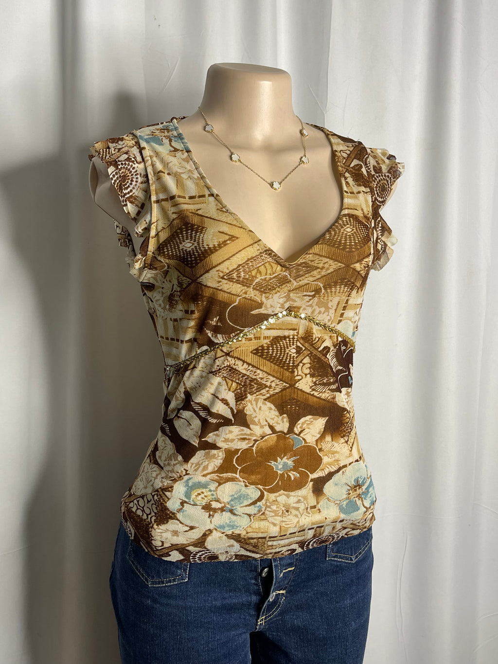 Brown & Beige patterned sleeveless top beaded v-neckline