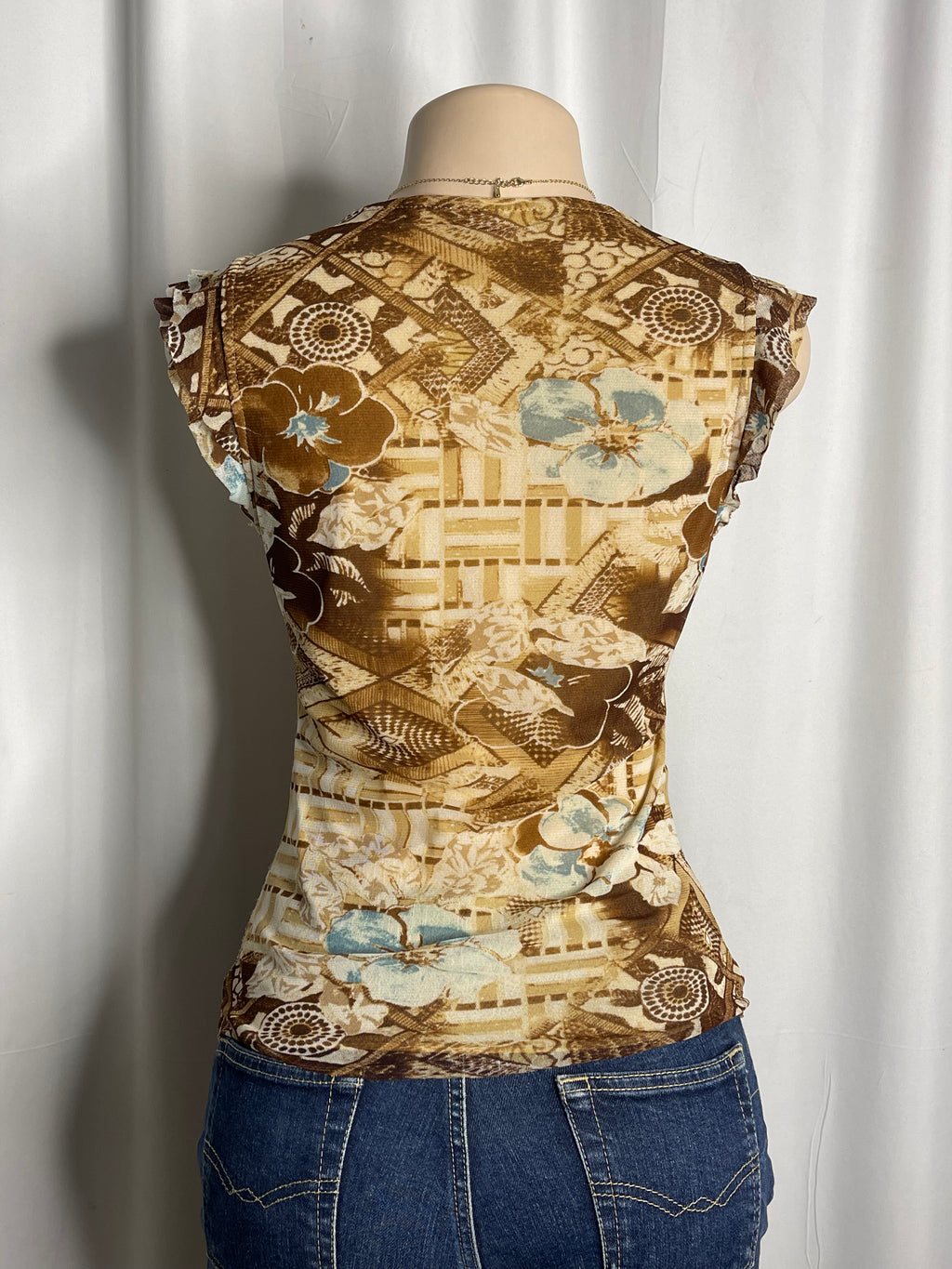 Brown & Beige patterned sleeveless top beaded v-neckline
