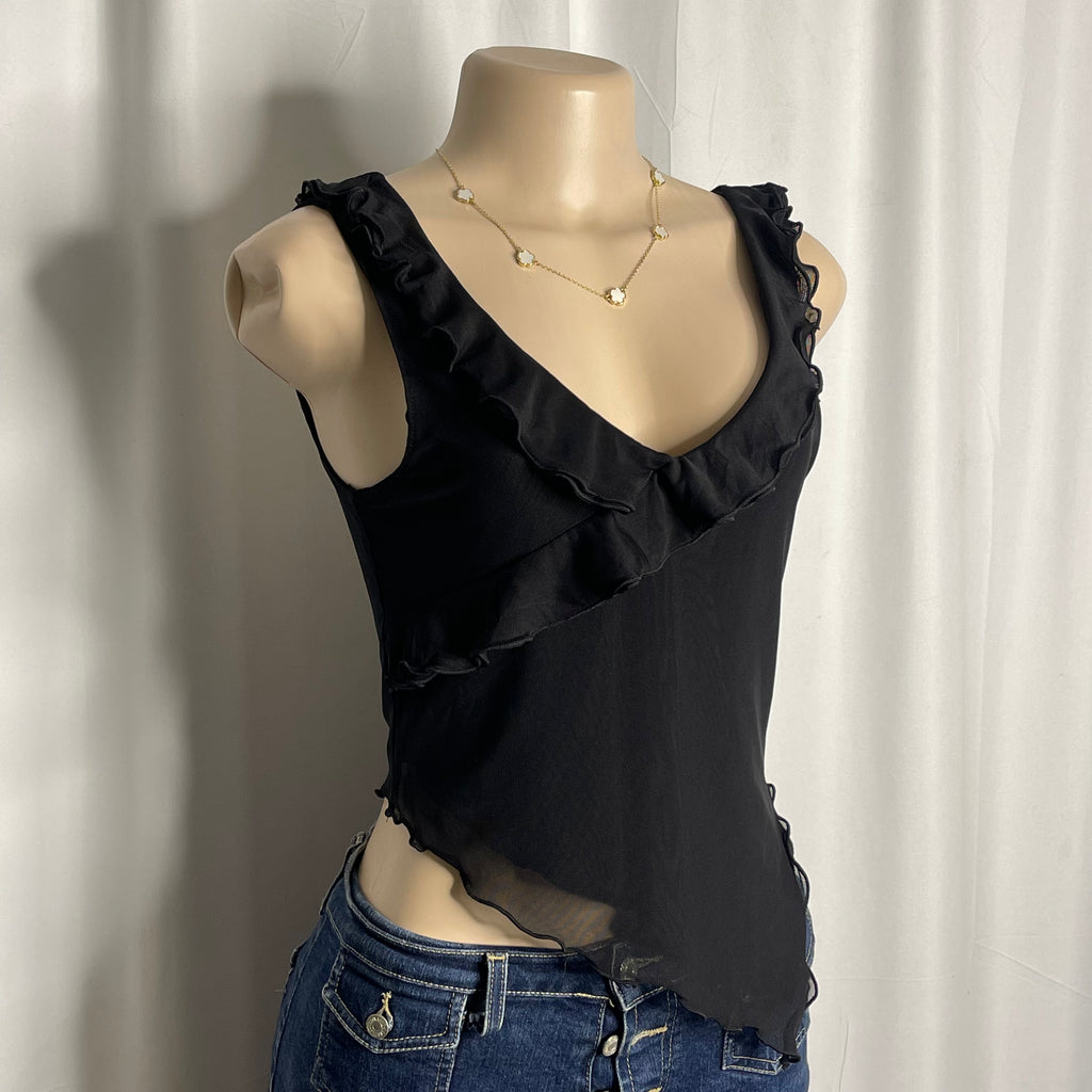 Black v-neck short blouse with ruffled trim and sheer asymmetrical hem